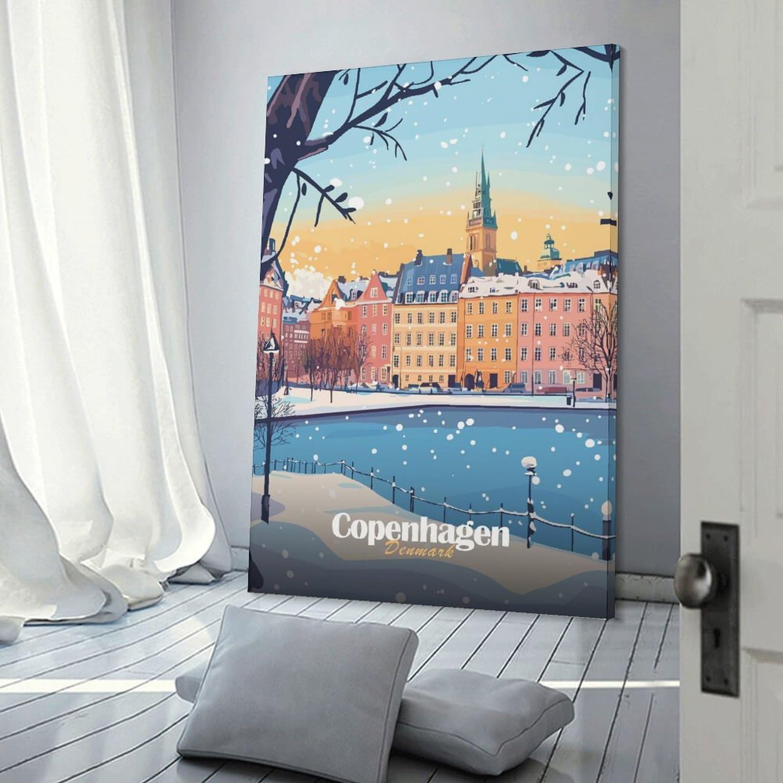 Junmoney Canvas Art Print Copenhagen Winter Scene, 24x36inch(60x90cm), for Home Office, Desk Area Or Studio, Wall Art That Adds Style to Work Areas