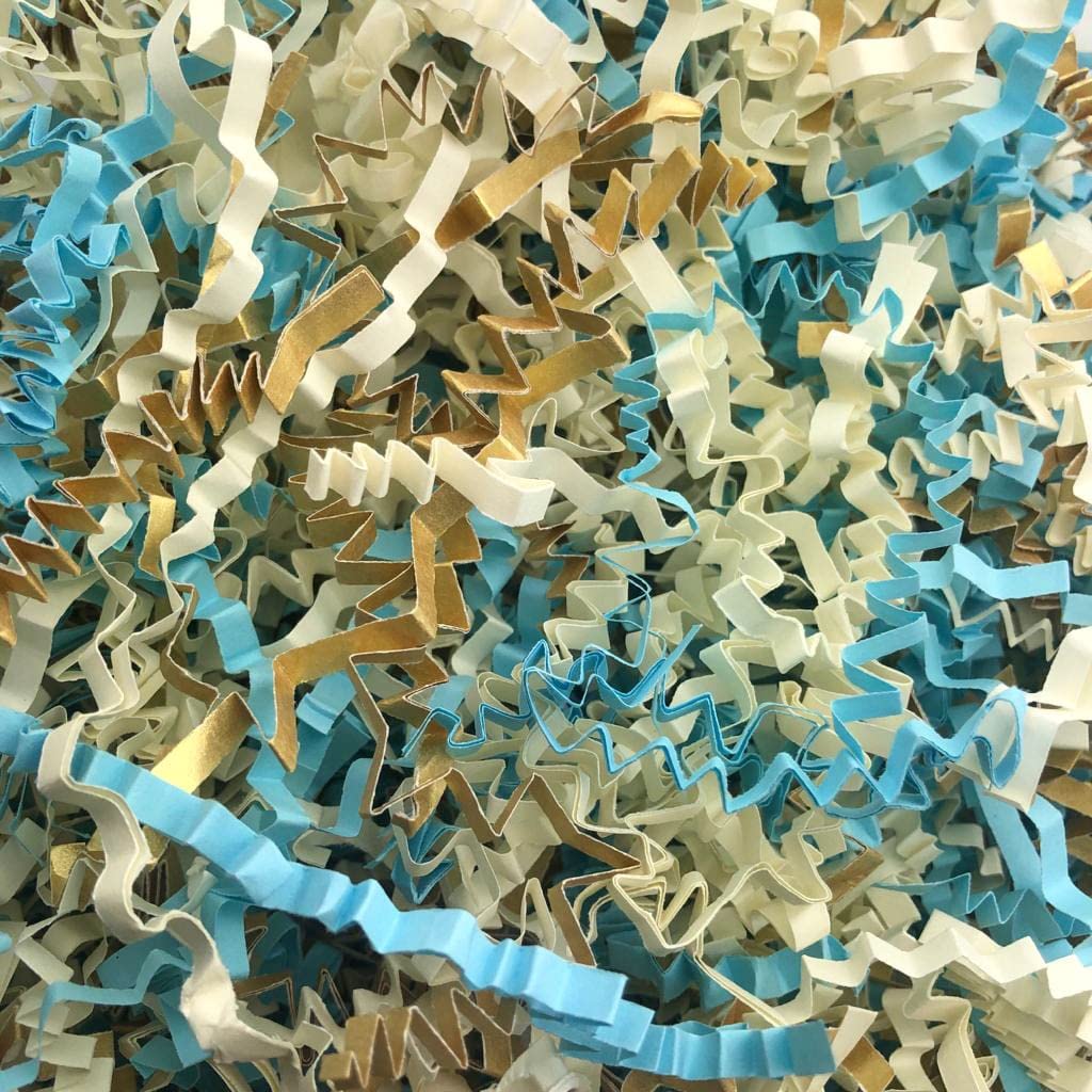 ShredAstic ® Shredded Paper Crinkle Cut Zig Zag PALE BLUE IVORY GOLD Mix gifts baskets hampers crafts (500 grams)
