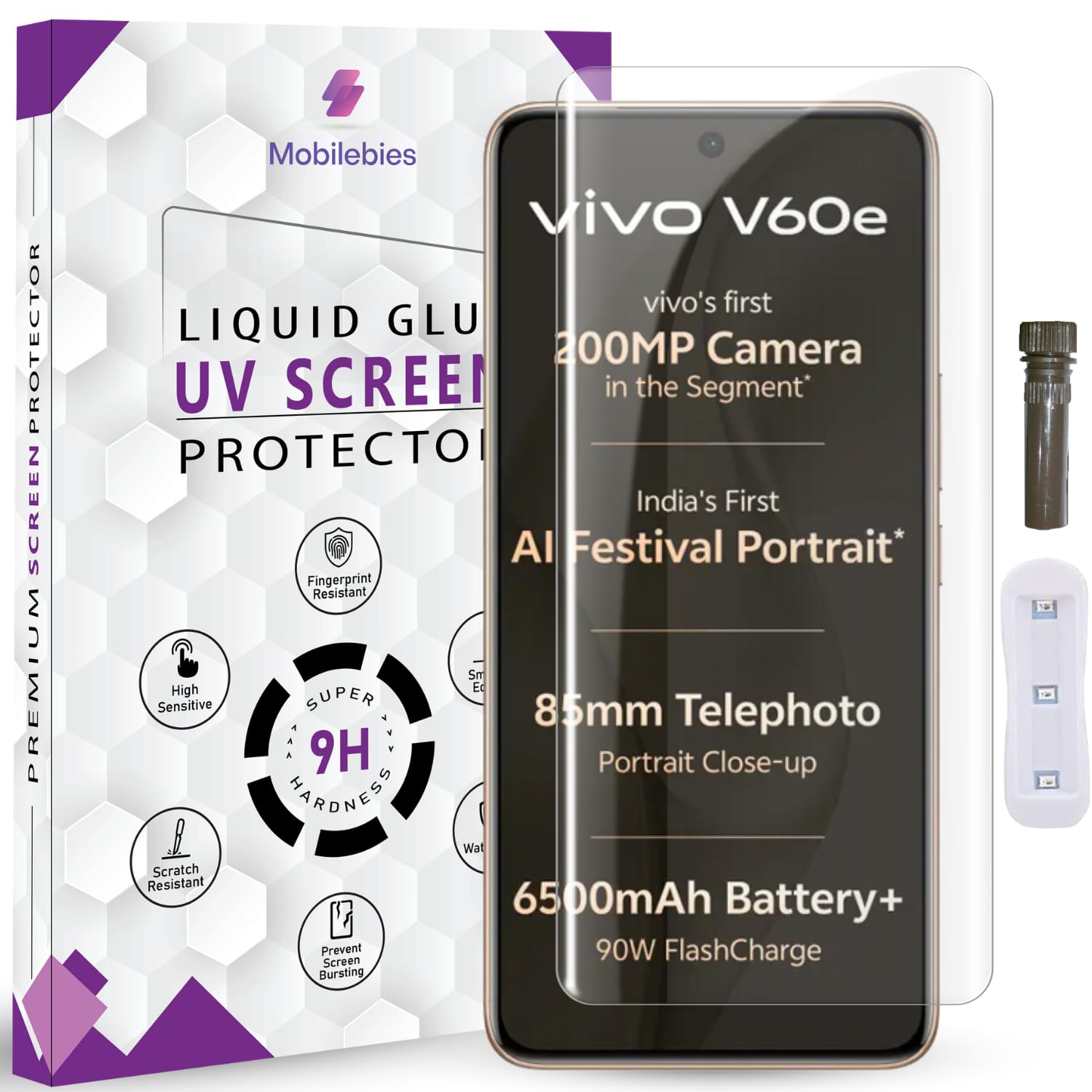 Advanced HD+ UV Tempered Glass Screen Protector For Vivo V60e 5G / V60 5G (6.77 Inch, Pack of 1) Full Adhesive UV Curved Screen Guard, Case Friendly with installation kit & Guide