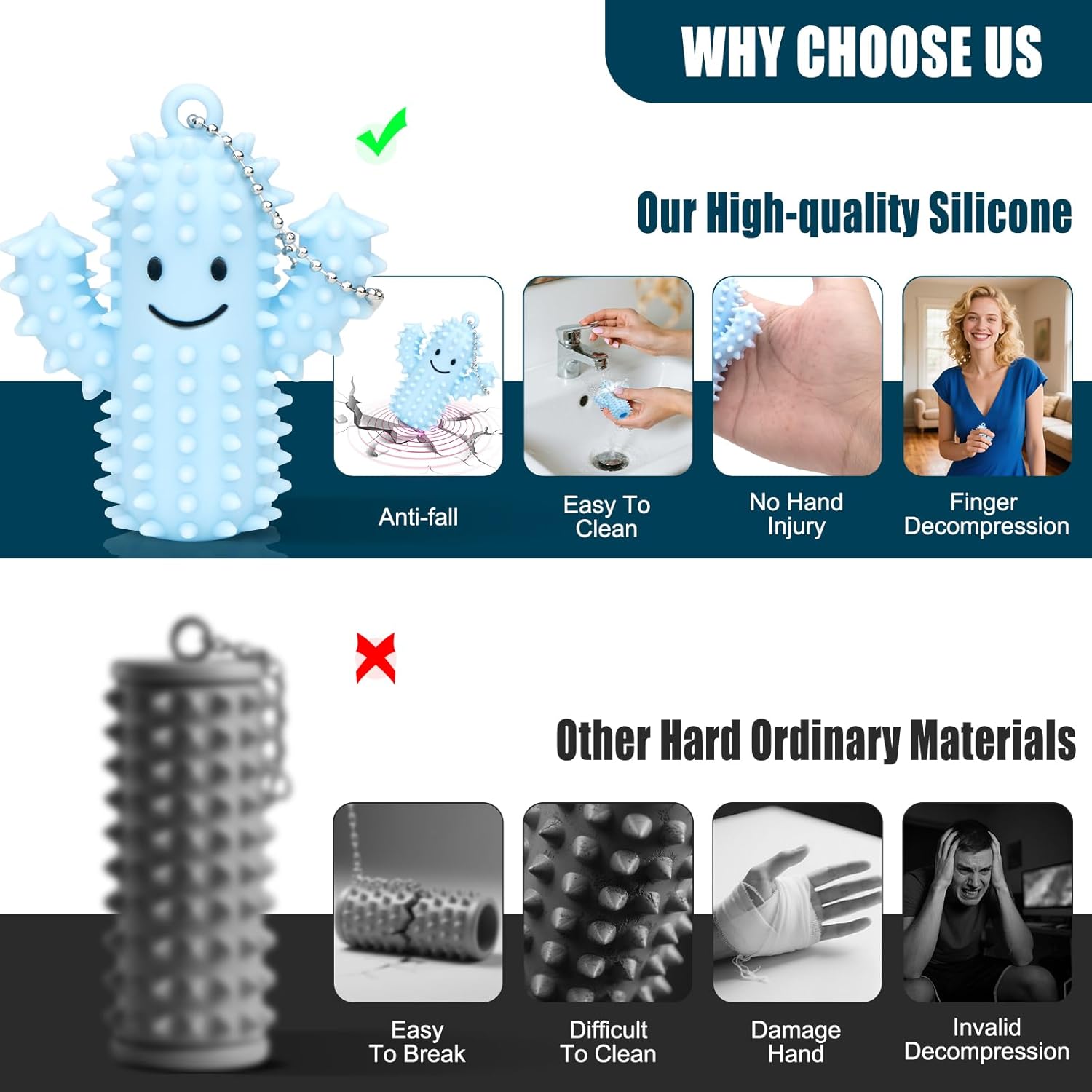 Little Ouchies Pain Fidget, Silicone Cactus Pain Stim Tool Fidget Toy for Adults, Pain Stimming Fidget, Spiky Grippie Stim Keychain for Hard Spiky Sensory Toys Anxiety Relief Fun Gifts, Blue