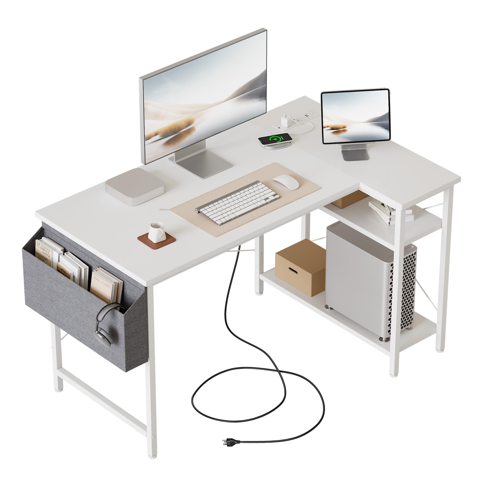 Mericonia Reversible Corner Desk, w. Power Outlets, 100x70cm, White | Reversible Design, L-shaped desk with Bag, Height-adjustable Shelf, Gaming computer desk for home & office
