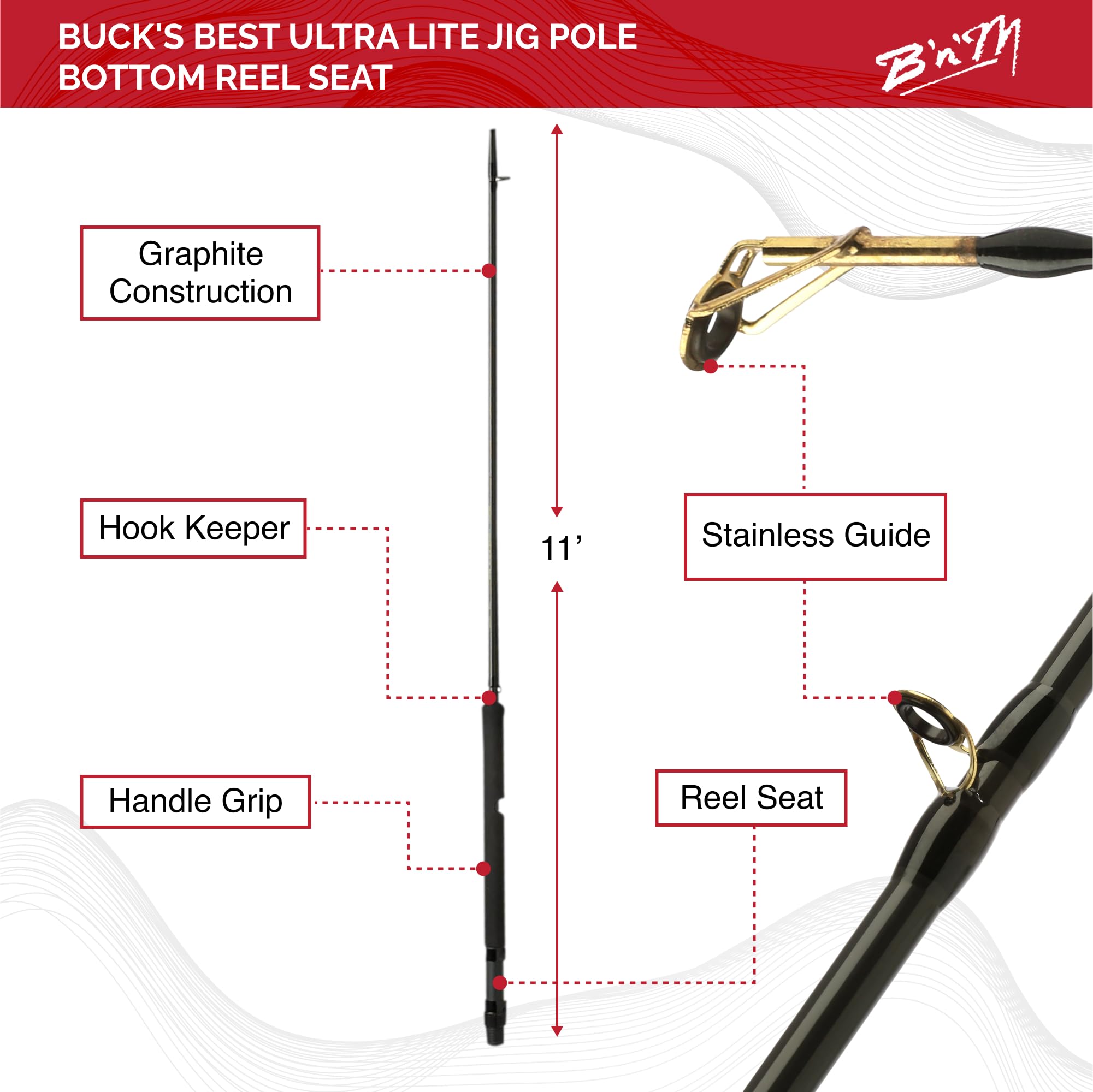Buck's Best Ultra Lite Jig Pole Bottom Reel Seat 11ft/2pc