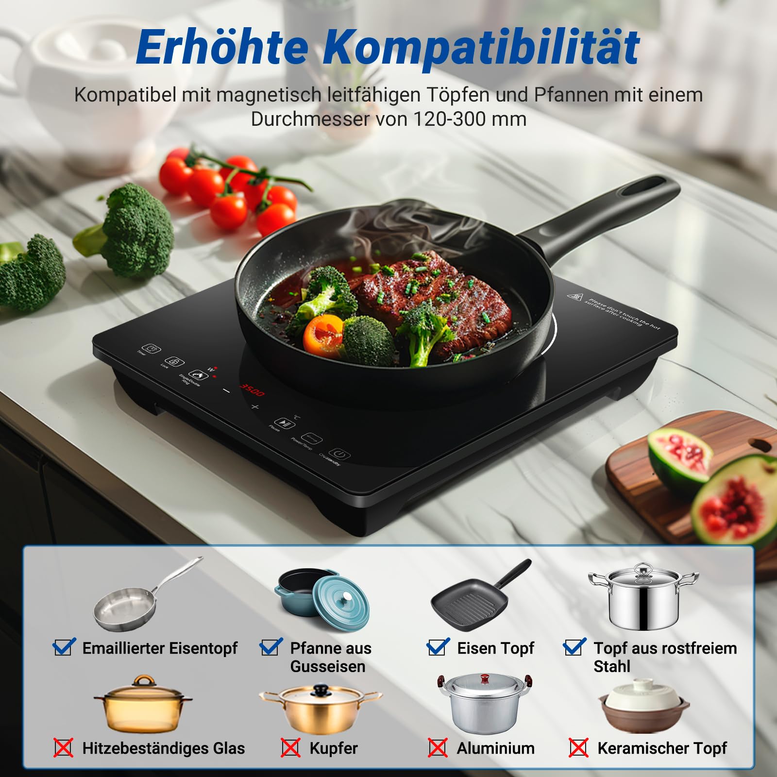 AMZCHEF Induktionskochplatte Einzel, 3500W Induktionskochfeld mit Doppelter Ring, 9 Stufen, Sicherheitssperre
