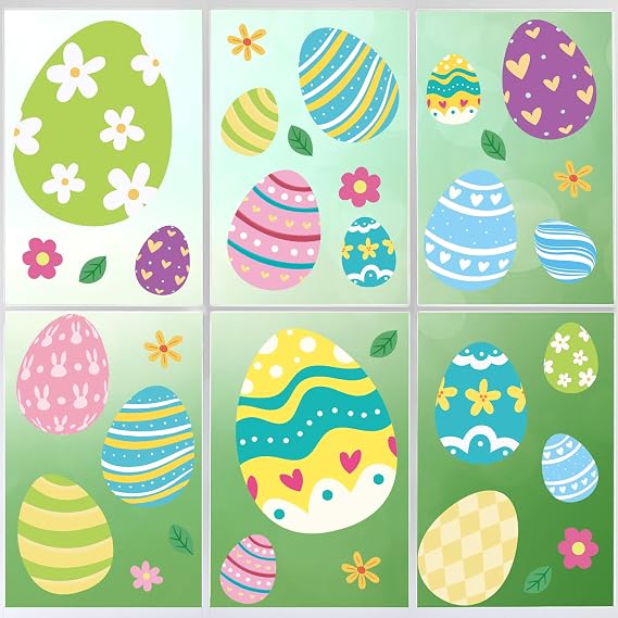 Tuzuaol Extra Large Easter Window Clings Decorations for Glass Windows, 53pcs Removable PVC Multicolor Easter Eggs Window Decals Stickers