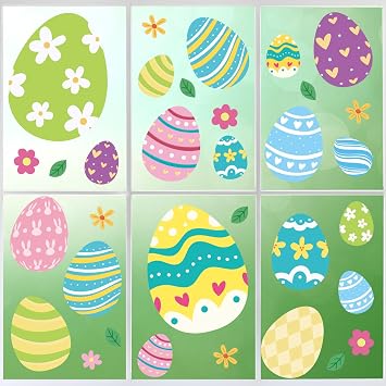 Tuzuaol Extra Large Easter Window Clings Decorations for Glass Windows, 53pcs Removable PVC Multicolor Easter Eggs Window Decals Stickers
