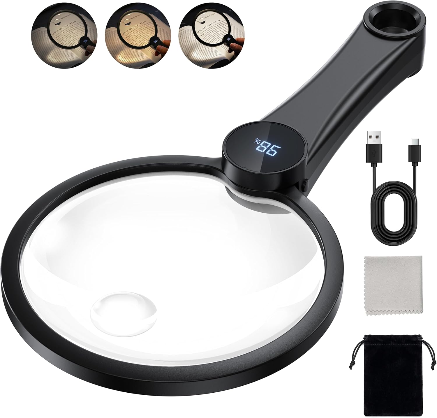 Magnifying Glass with Light, 10X 20X 45X Large Handheld Lighted Magnifying Glass with 49 LED, 2000mAh Rechargeable for Close Work, Reading, Crafts, Coins, Seniors, Inspection