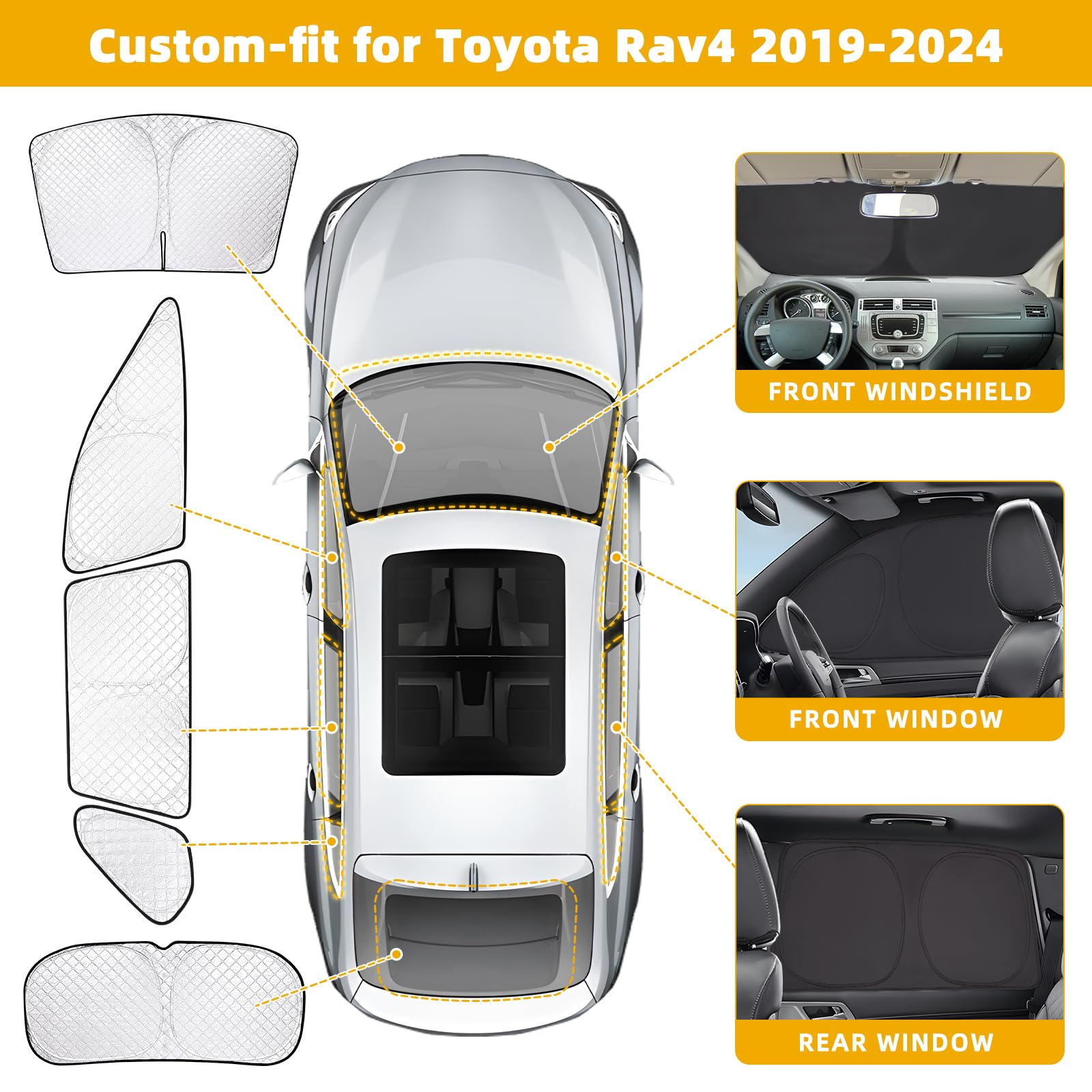 ZATOTOO Lot complet de pare-soleil de fenêtre de voiture pour Toyota RAV4 2019-2024 – Ensemble complet de housses de fenêtre triangulaires avant et arrière – Protection contre les UV et l'intimité