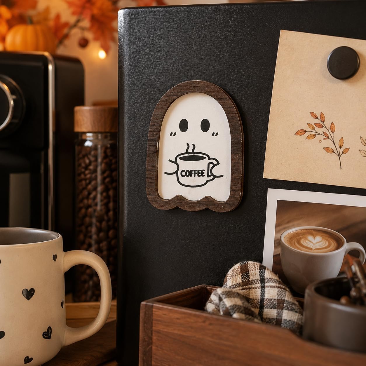 1Pcs Halloween Miniature Sign, Framed Coffee Ghost With Magnet Wood Halloween Tiered Tray Decor, Miniature Rustic Farmhouse Magnet Ghosts Wood Sign, Strong Magnetic for Fridge Locker & Whiteboard image 4