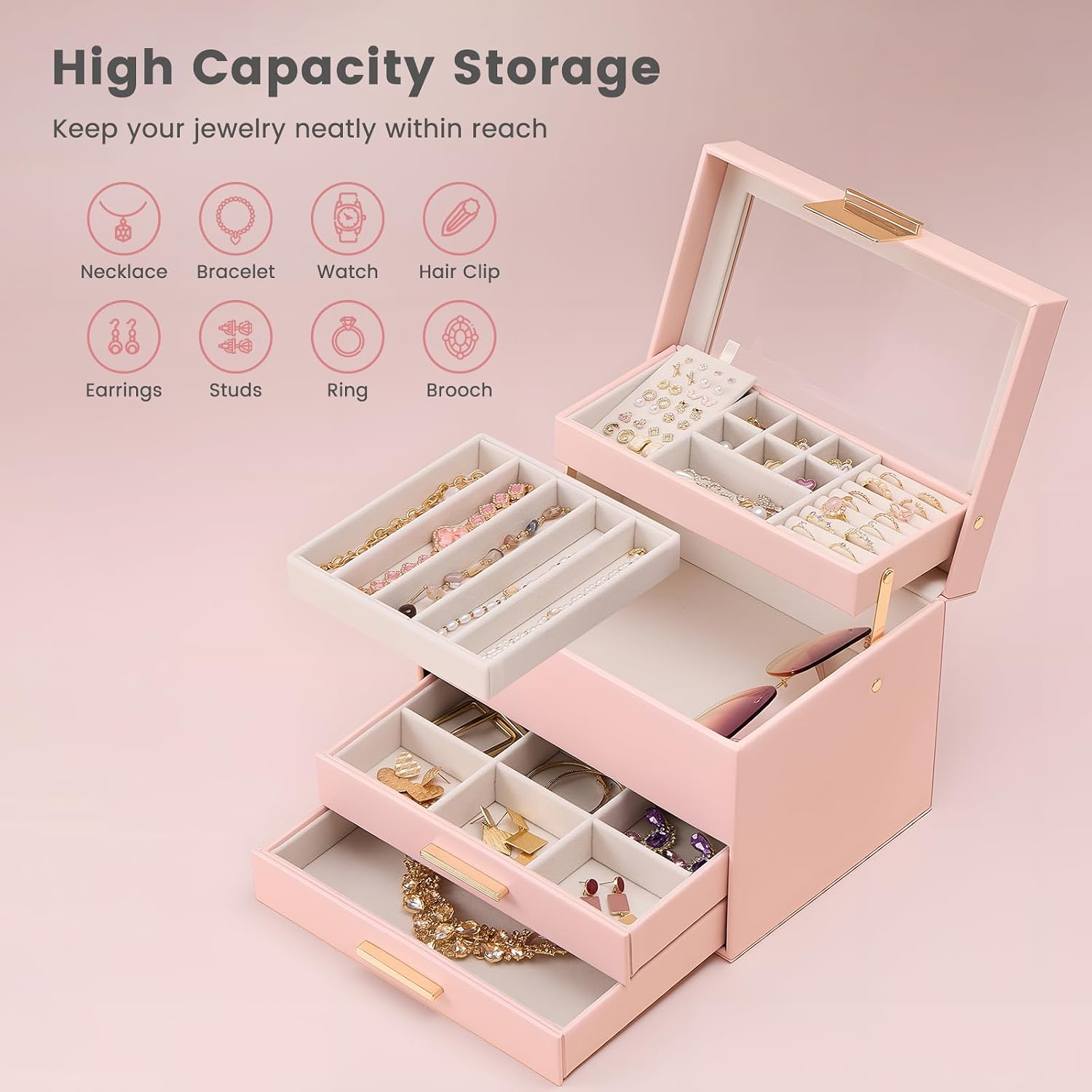 Lolalet Jewelry Box, Clear Window Jewelry Organizer with Drawer for Earrings Bracelets Necklaces Rings, Jewelry Storage for Women -Pink, 4 Layers