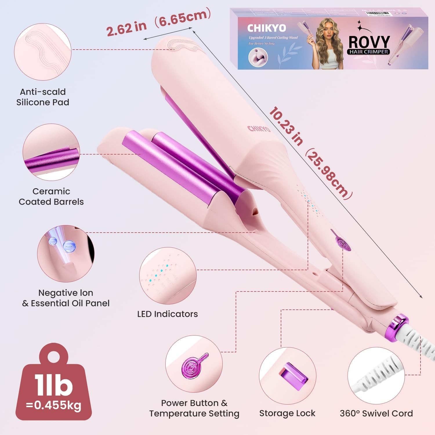 CHIKYO Upgraded 3 Barrel Hair Crimper Waver - 32mm Rovy Wave Curling Iron, 1.25 Inch Ionic Curling Wand, Deep Waver Hair Curler Hot Tool with Ceramic for Women, Dual Voltage, Easy to Use