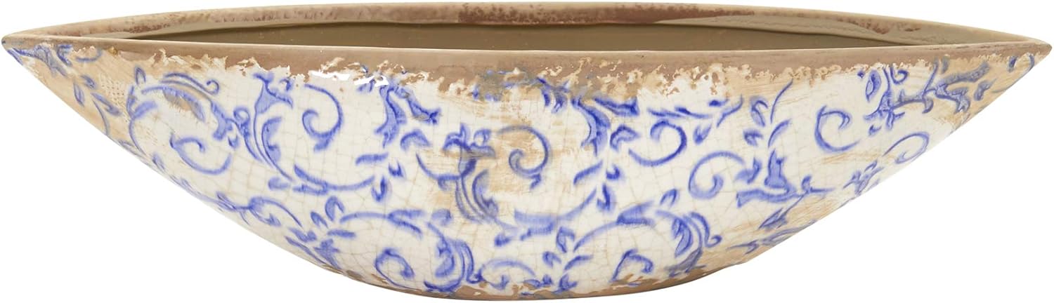 13in. Tuscan Ceramic Blue Scroll Decorative Bowl