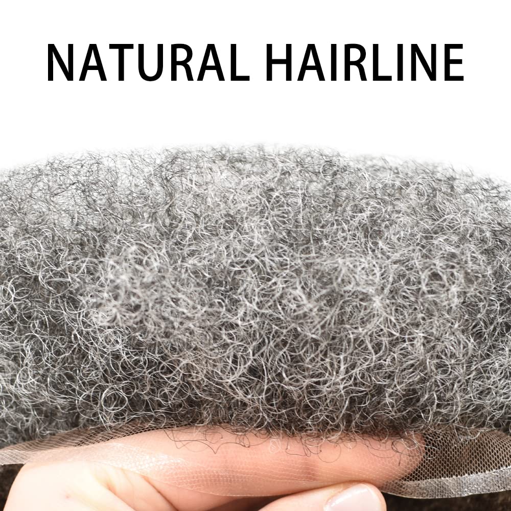 Afro Toupee For Black Men Full French Lace Mens Hairpiece Kinky Curly Hair System Replacement Wavy Units Breathable & Comfortable Wigs (8''X10'', #1B40#1B OFF BLACK+40% GREY-6MM Afro Wave)