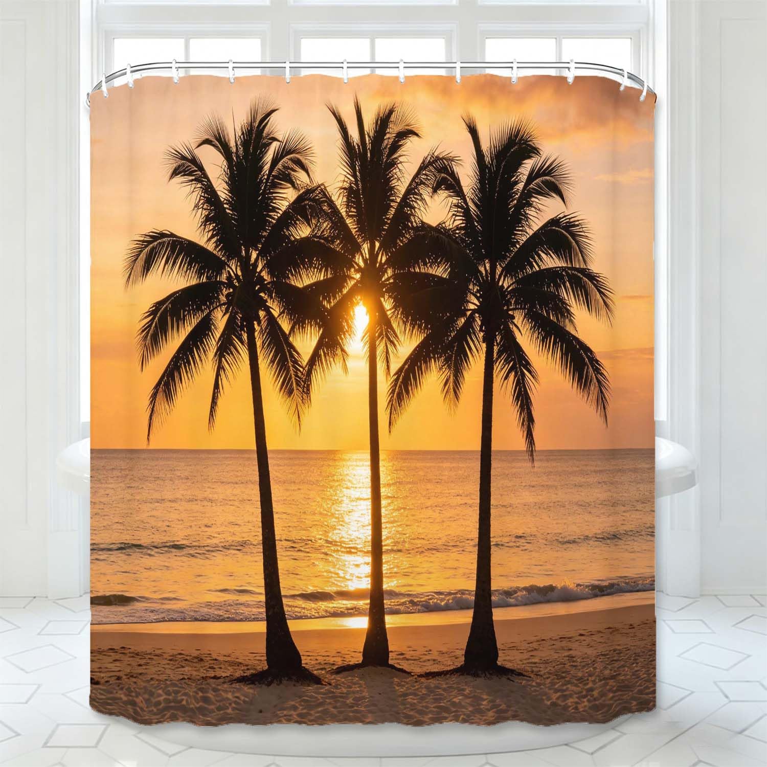 Rideau de Douche Anti Moisissure Palmier, Rideau de Bain Coucher de Soleil sur la Mer 3D Rideaux de Douche en Polyester, Imperméable, Lavable en Machine, avec Crochets, 300 x 200 cm 77-YLP