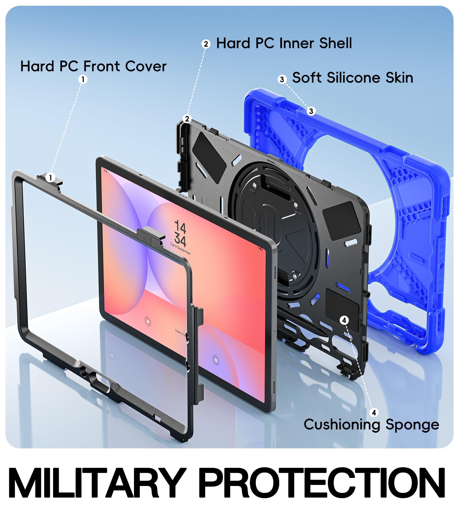 BRAECN Custodia per Galaxy Tab S9/S8/S7 11 pollici 2023, custodia protettiva in silicone antiurto resistente con staffa rotante a 360 cavalletto, tracolla, porta penna S per Galaxy Tab S9 FE 10,9''-BU