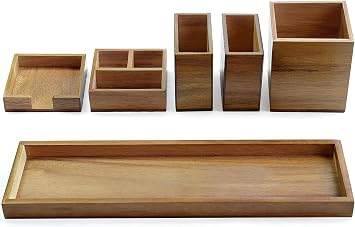 Wood Vanity Tray and Bamboo Dual Monitor Stand Riser White