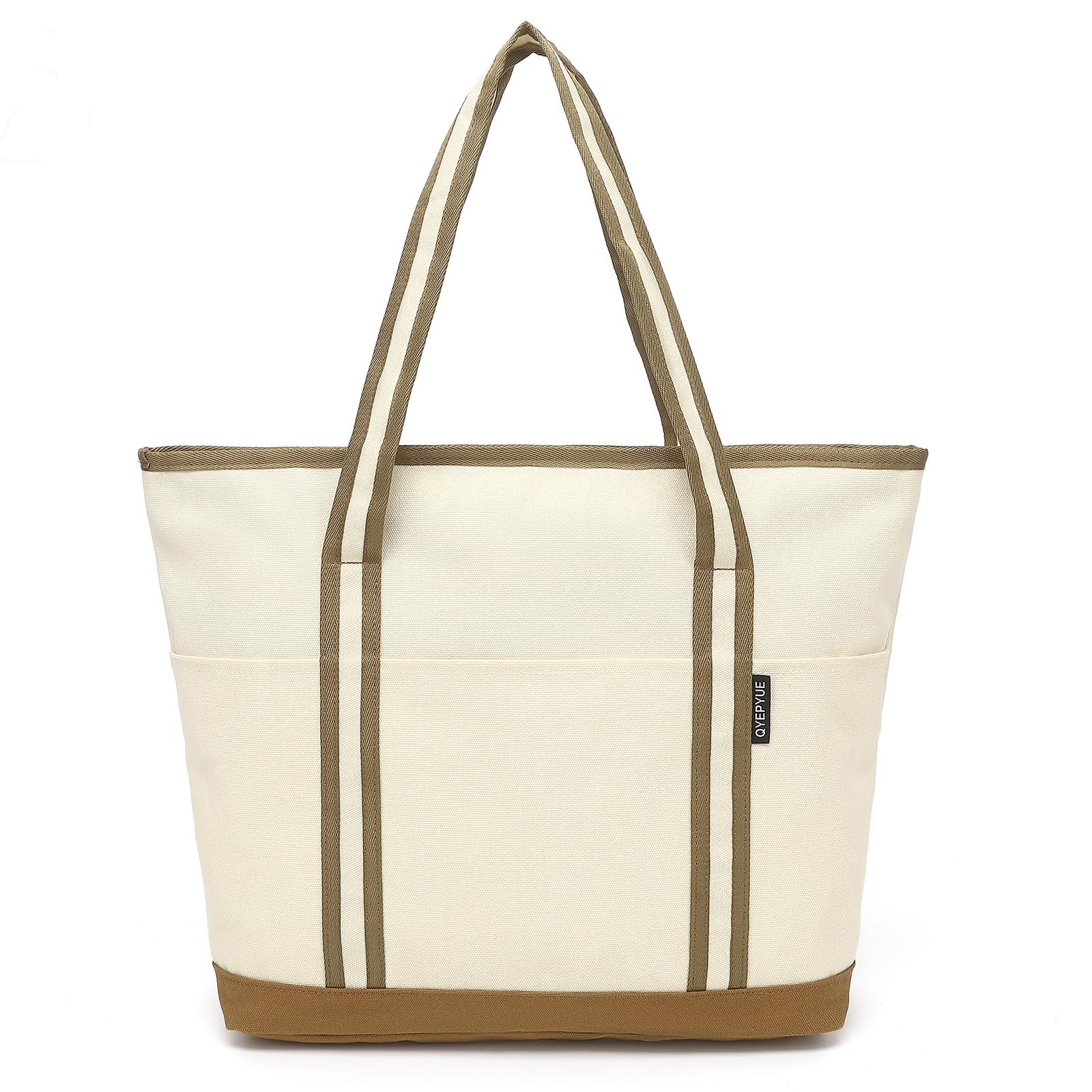 Large Canvas Tote Bag for Women, Beach Bag with Zipper, Utility Tote Bag with 3 Front Pockets, Weekender Pool Bag Beige Yellow With Brown