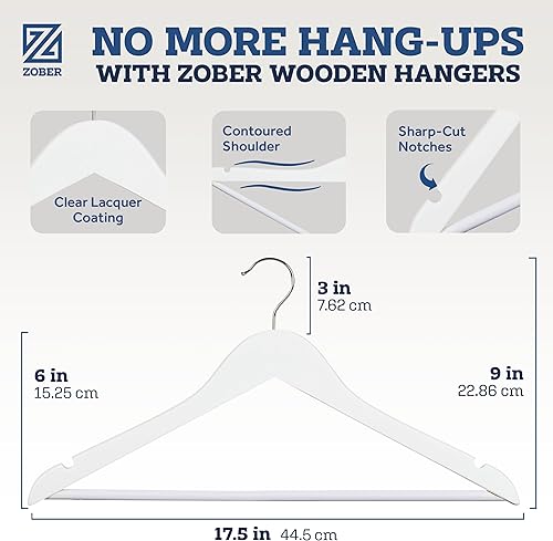 Miniatura 3 de Zober - Paquete de 20 perchas antideslizantes y resistentes de madera con barra y ranuras para utilizar en el clóset y colgar pantalones, chaquetas
