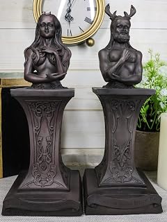 Ebros Neopaganism Wiccan Primary Deity Statue Featuring The Masculine Horned God Or Feminine Crescent Moon Triple Goddess Busts On Pedestal (Set of Two Triple Moon Goddess and Horned God)