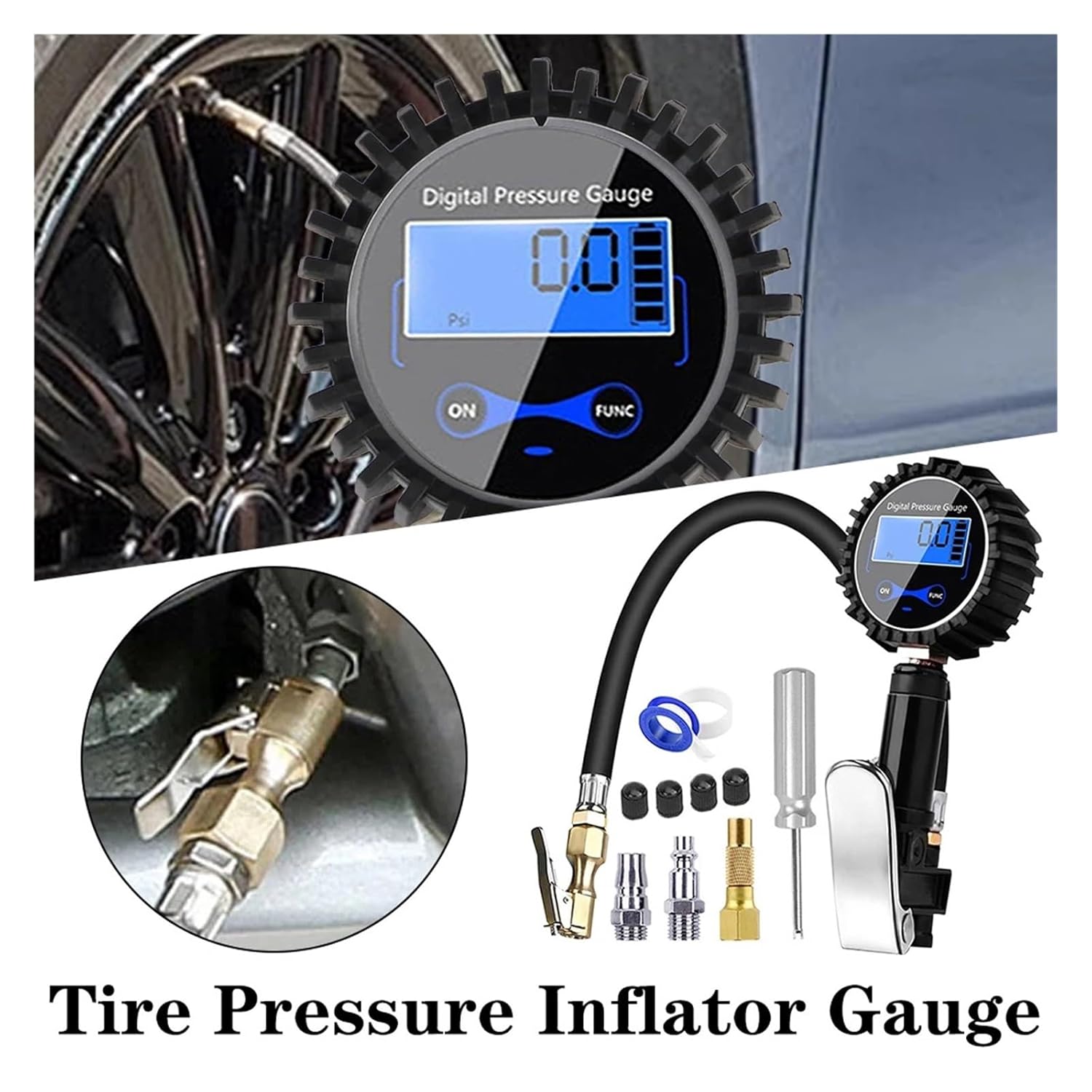 TPMS Air Line Clip-on Tyre Pump Tyre Pressure Meter 200PSI Tire Pressure Inflator Gauge Aluminum Alloy LCD Digital Precise(1 PC Pressure Meter)