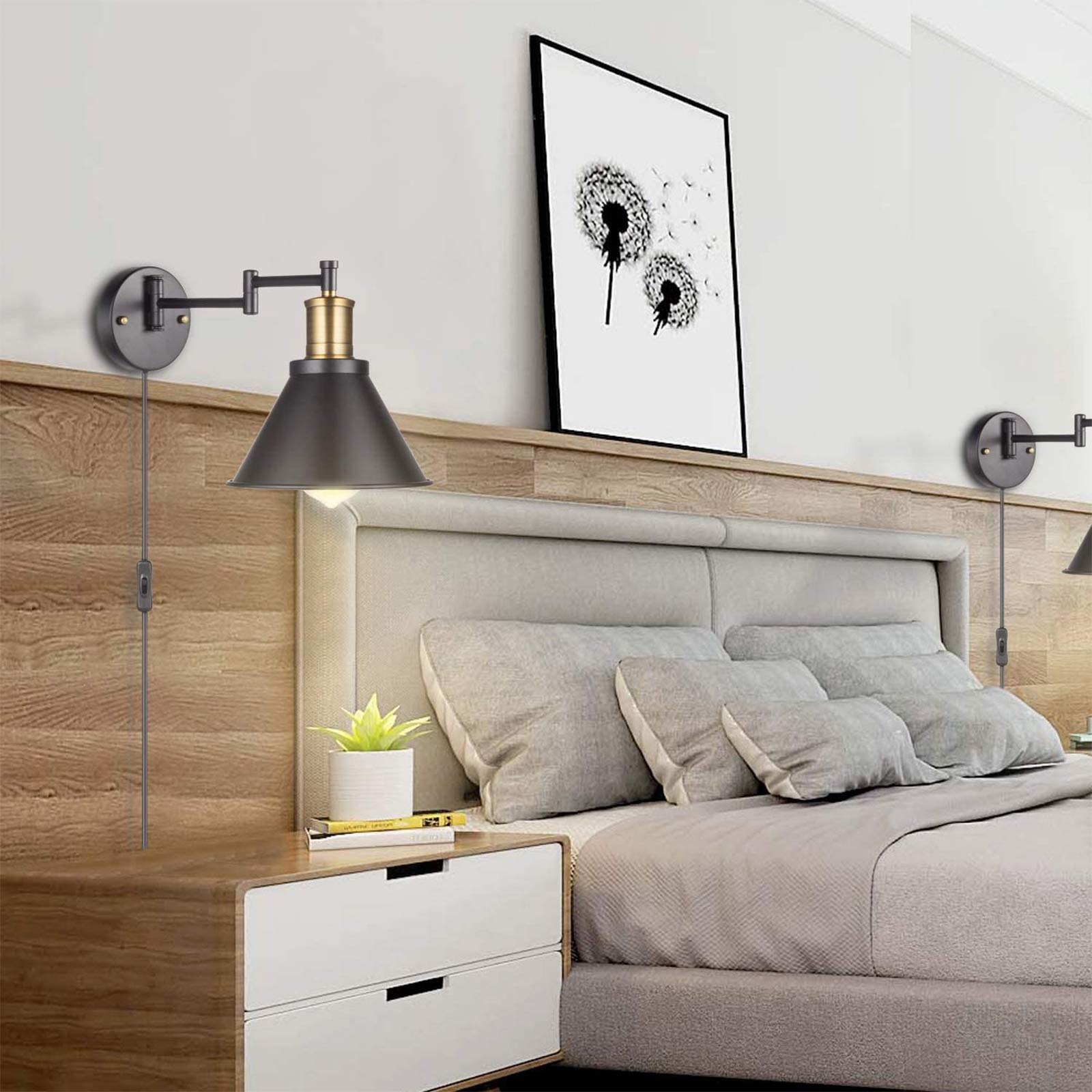 WXKAGF Lampada da Parete Industriale a Braccio Lungo E27 con Interruttore, Lampada da Parete per Camera da Letto Vintage Nera Regolabile con Cavo e Spina da 1,8 m, Illuminazione Rotante con Specchio