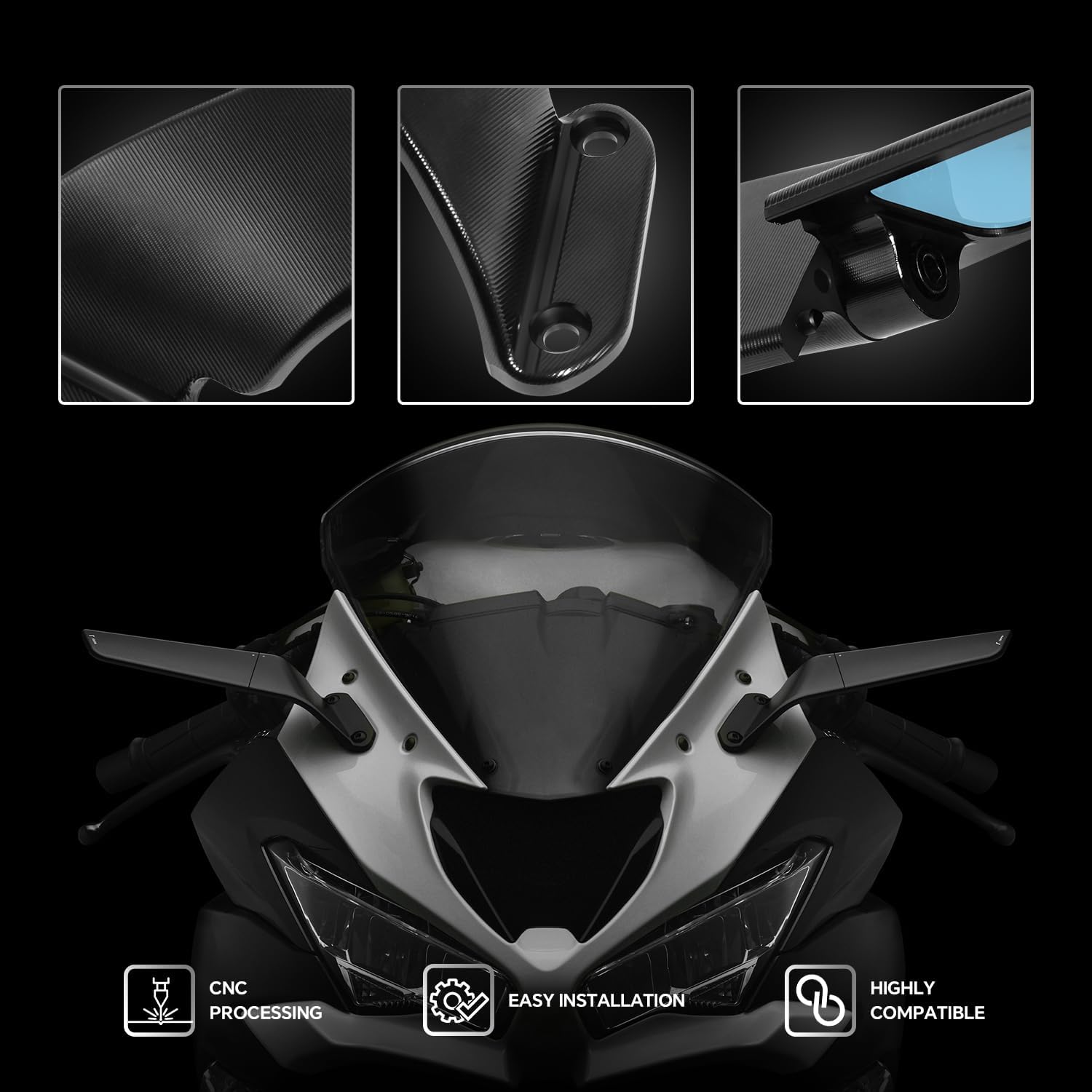 For ZX6R CNC Motorcycle Rearview Mirrors 360° Rotatable Stealth Wind Wing Side Mirrors For Ninja 636 ZX-6R 2019-2020 / Ninja650/400 18-22 / ZX-10R 19-20 Modified Rearview Side Mirror