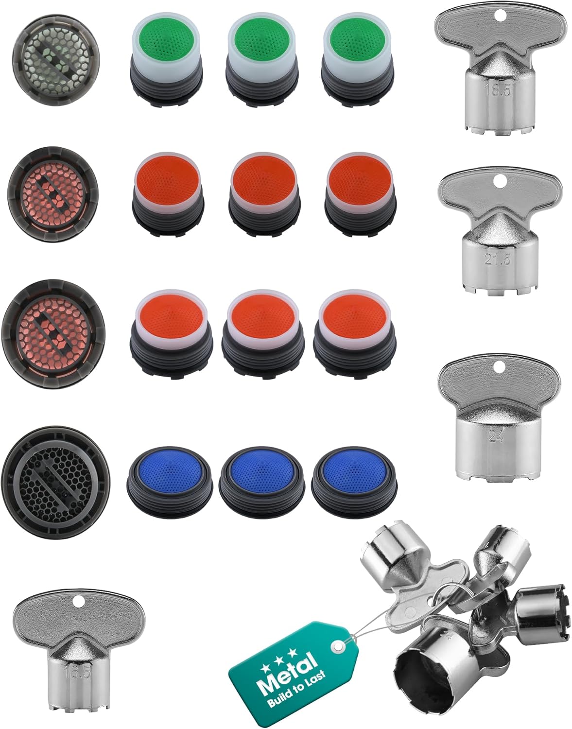 32 Pieces Faucet Aerator Set with Flow-Restrictor, 4 Pcs 304 Stainless Steel Aerator Key, Replacement Inserts and Wrench, 4 Sizes for Bathroom or Kitchen Sink (M24, M21.5, M18.5, M16.5)