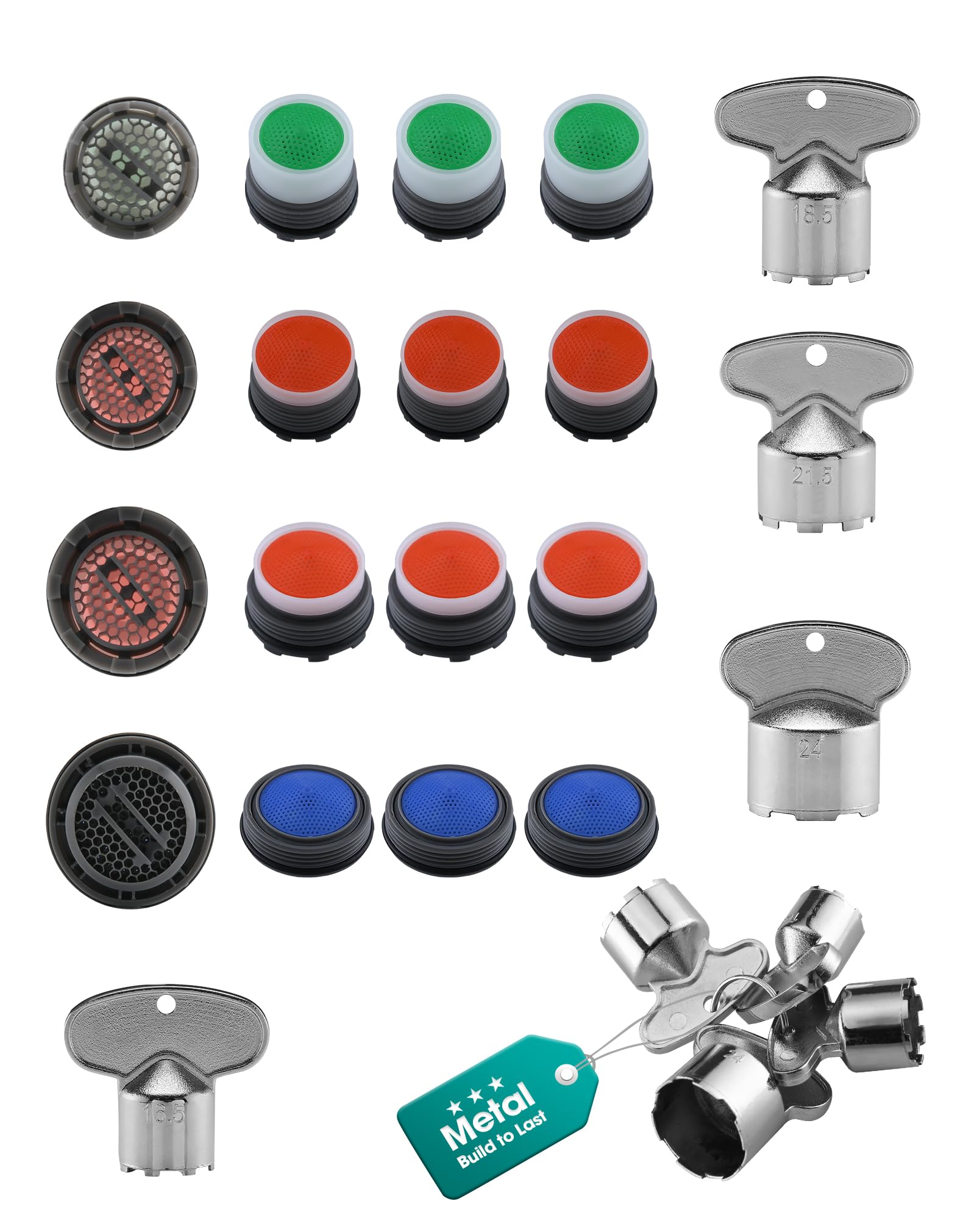 Photo 1 of 16 Pieces Faucet Aerator Set with Flow-Restrictor, 4 Pcs 304 Stainless Steel Aerator Key, Replacement Inserts and Wrench, 4 Sizes for Bathroom or Kitchen Sink (M24, M21.5, M18.5, M16.5)