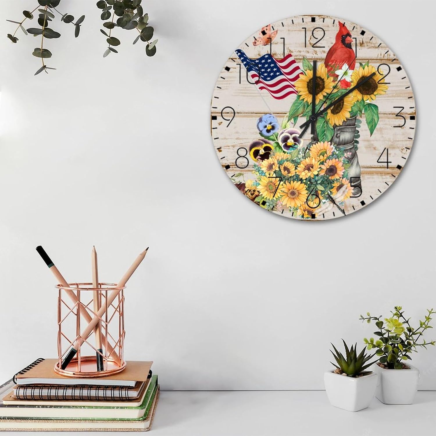 Wood Wall Clock Analog Round Non-Ticking 4th of July Patriotic Sunflower Cardinal Rustic Wall Clocks American Banner The Old Glory Wall Decor for New Home Office Gym 15 Inch