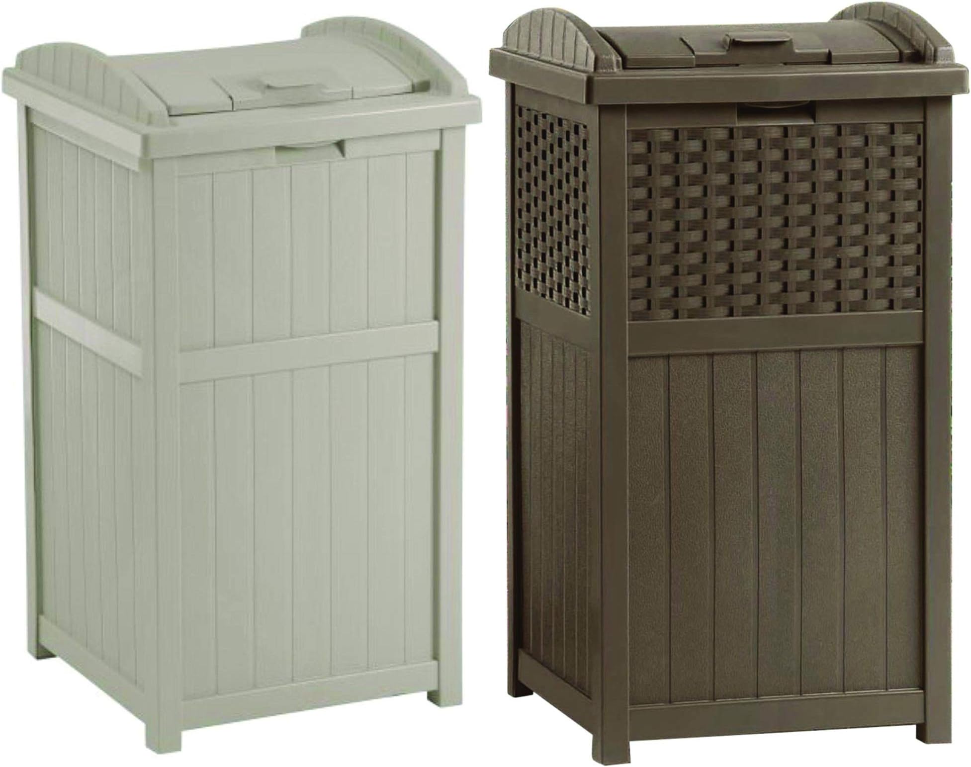 Suncast 33 Gallon Trash Hideaway Easy Assembly Durable Plastic Garbage Container with Wood Look Design, 1 Beige and Brown (2 Pack)
