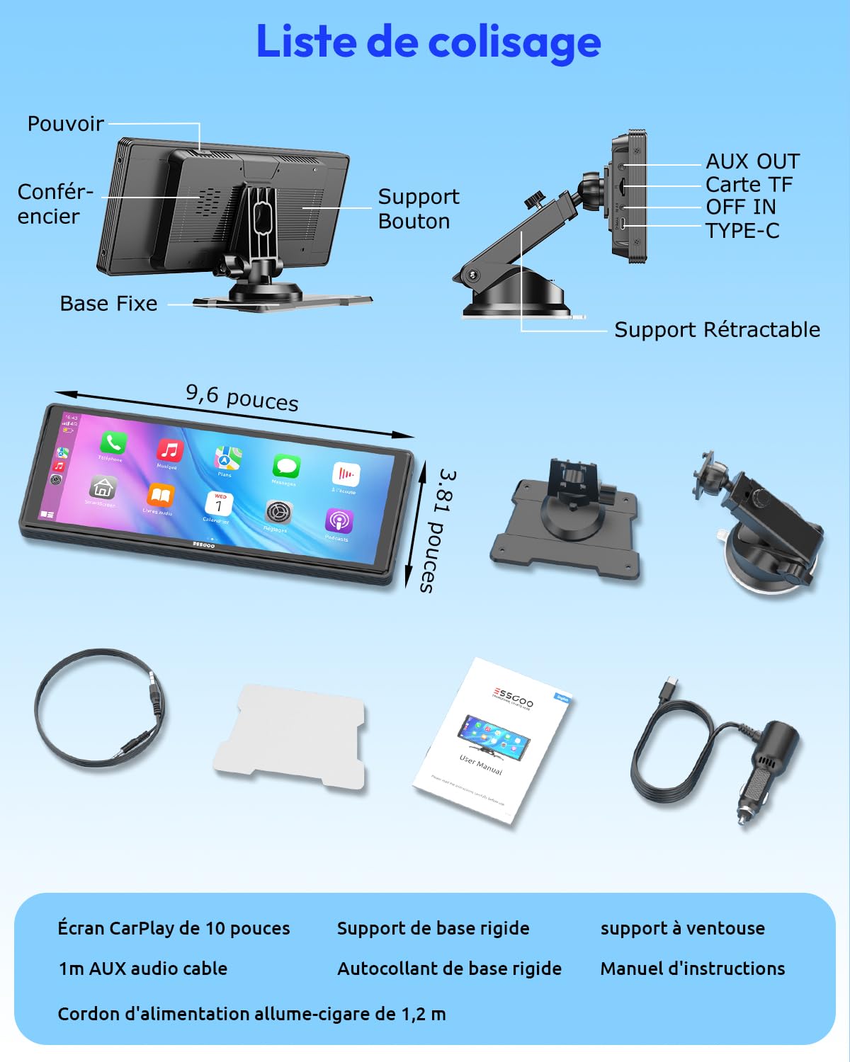 ESSGOO Écran Carplay Voiture, Supporte A-pple Carplay sans Fil et Android Auto, Écran Tactile IPS de 10.26 Pouces avec Capteur de Lumière, Prend en Charge Mirror Link, Assistants G-oogle et Siri