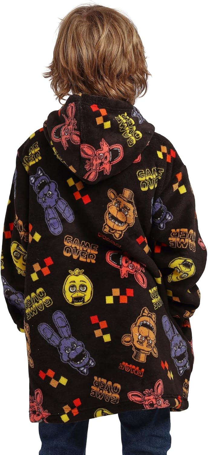 Five Nights At Freddy's Game Over All-Over Print Boy's Black Long Sleeve Sherpa Lined Kids Wearable Hoodie Blanket