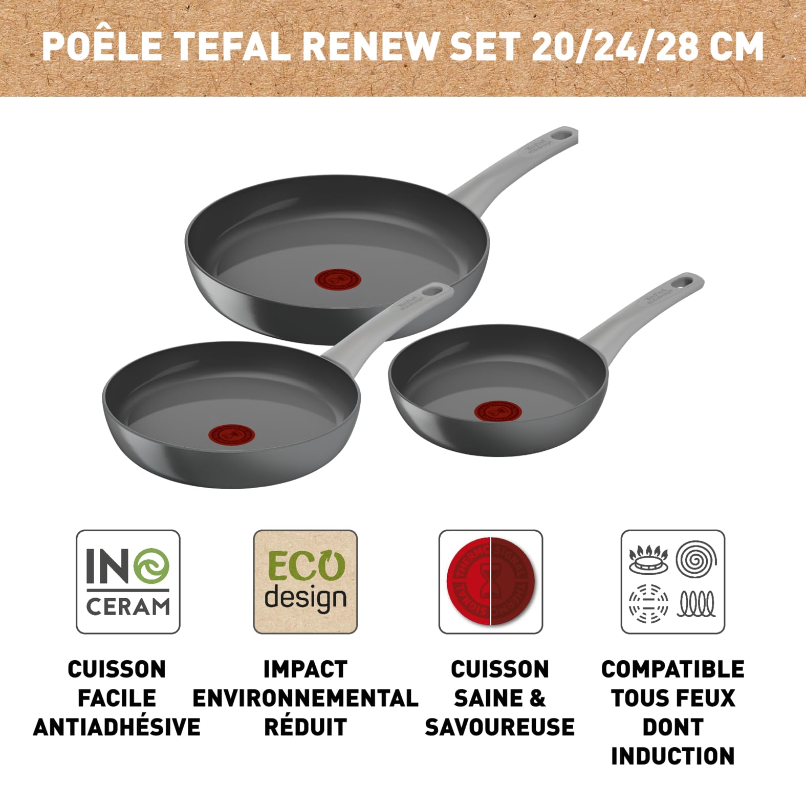 Tefal Lot de 3 poêles 20/24/28 cm, Induction, Revêtement antiadhésif céramique, Indicateur de cuisson Thermo-Signal, Eco-conception, Cuisson saine, Fabriqué en France, Renew On C4279132