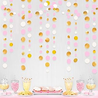 Gold and Pink Party Decorations Circle Dots Garland Metallic Gold Light Pink and White Hanging Polka Dot Streamer for Women Girl Birthday Baby Shower Bridal Shower Wedding Princess Party Supplies