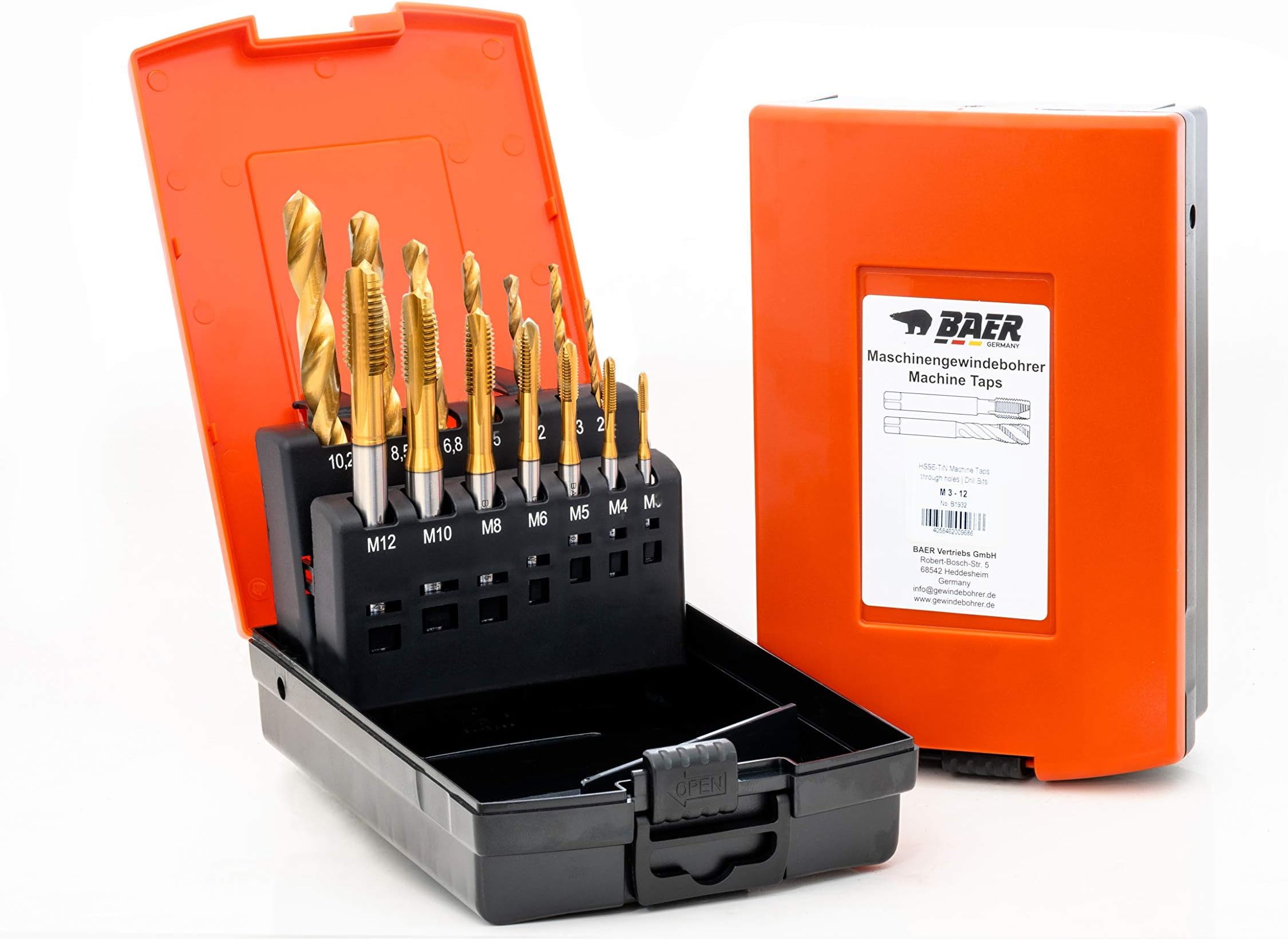 BaerCoilBAER Tap and Die Set HSSE-TIN: Machine Tap Through Hole - Core Hole Drill Bit M 3-12 - Tap Set - TIN Tap Cutter