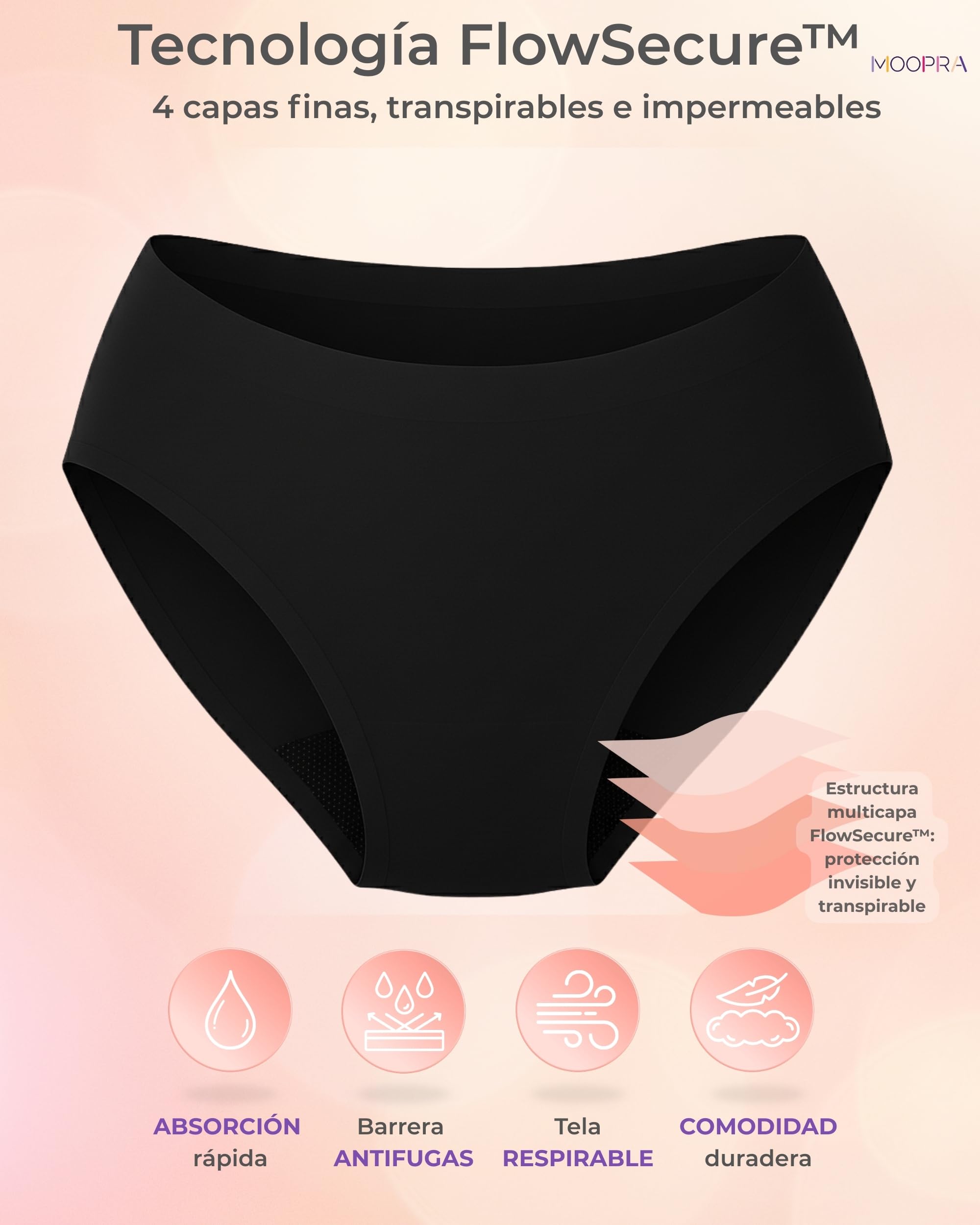 Bragas Menstruales Mujer Sin Costuras Flujo Abundante | Braguita Menstrual Invisible Segunda Piel | 4 Capas Muy Absorbentes & Bordes Reforzados Anti-Fugas | Lavables, Reutilizables, OEKO-TEX (Pack 3)