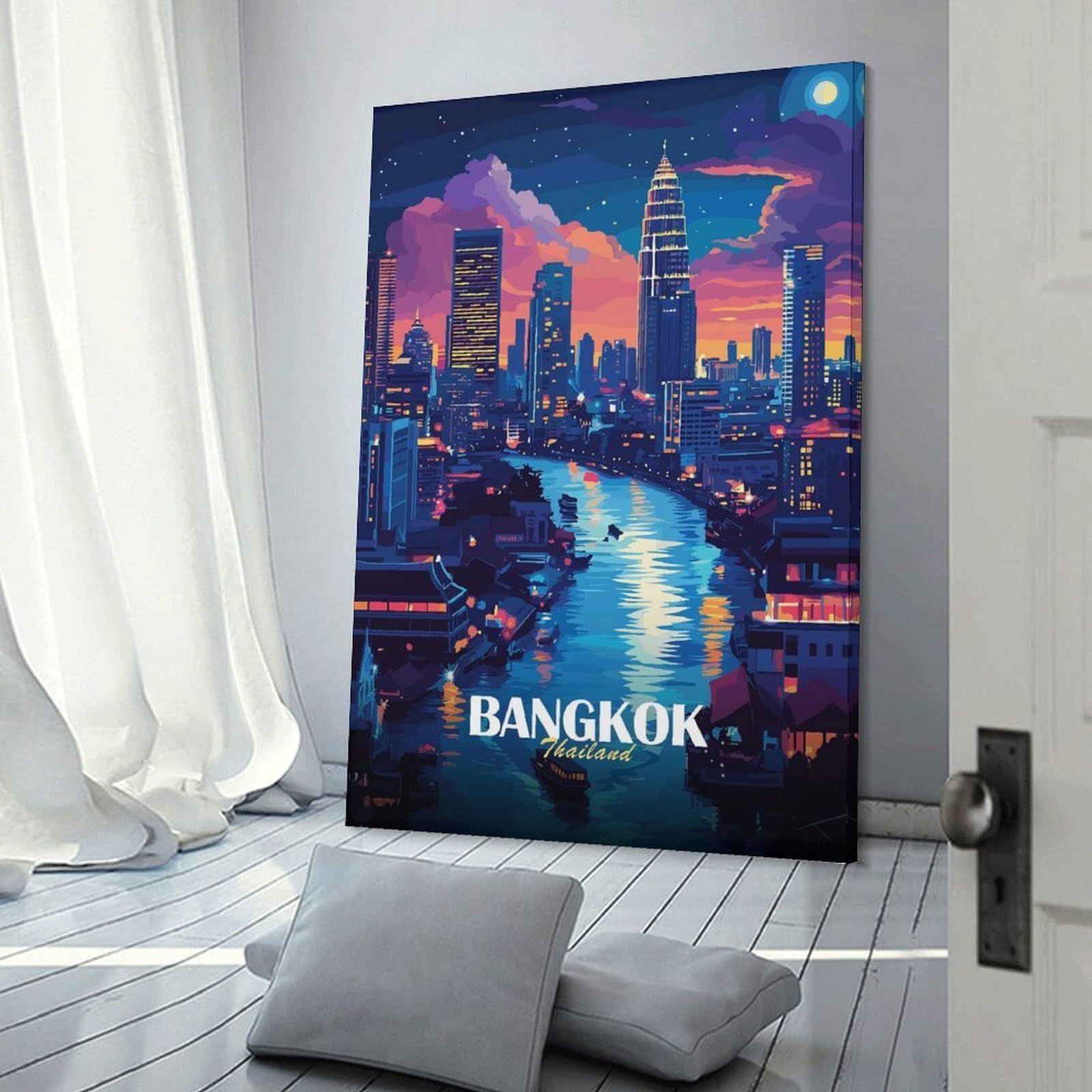 Junmoney Bangkok Thailand Cityscape at Night Hanging Wall Art, 24x36inch(60x90cm), for Bedroom, Guest Room Or Reading Nook, Home Artwork with A Soft Interior Feel