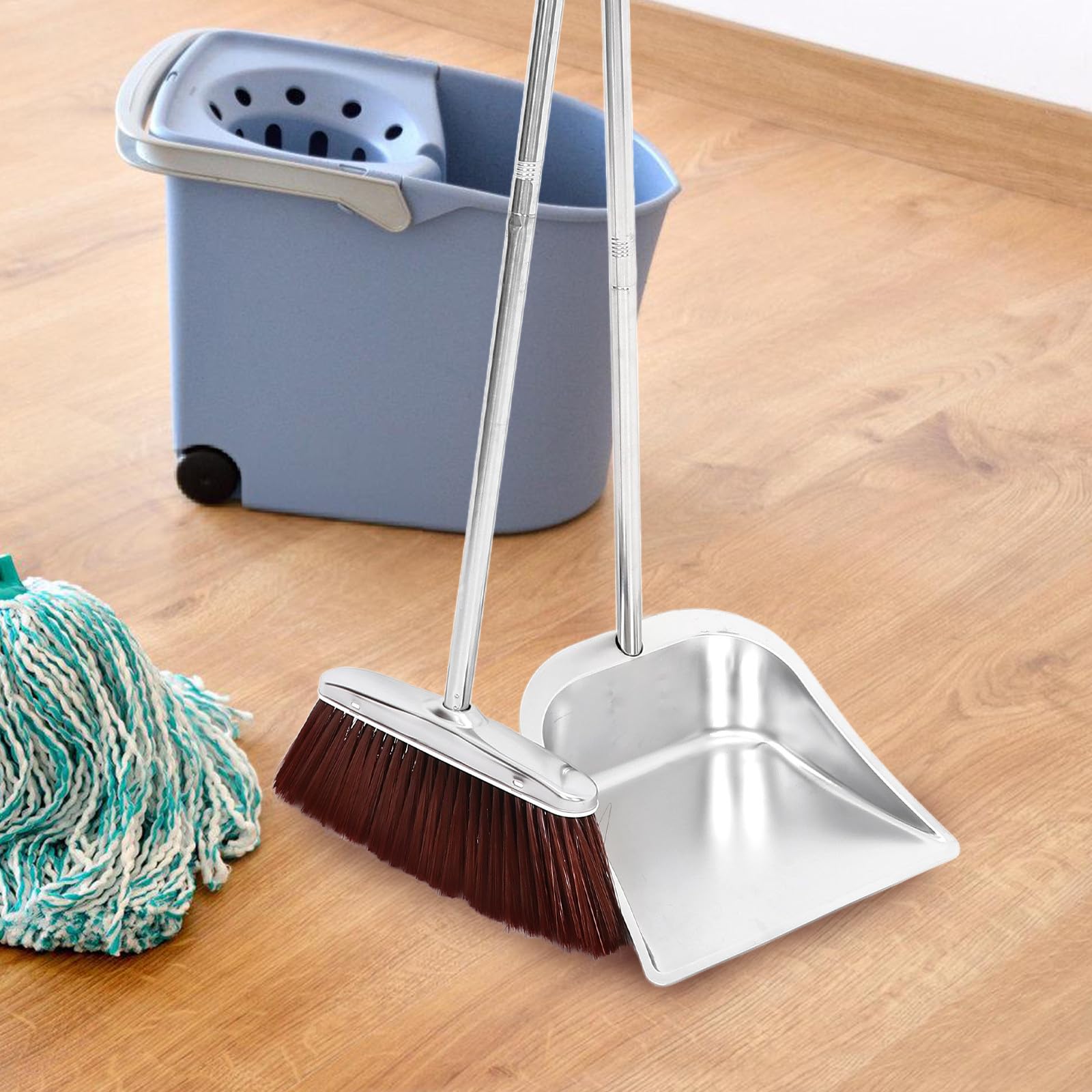 Kit Manche Pratique à Poussière Pelle en Acier Inoxydable et Balai Résistance à L'usure et Rangement Facile Ménage Intérieur