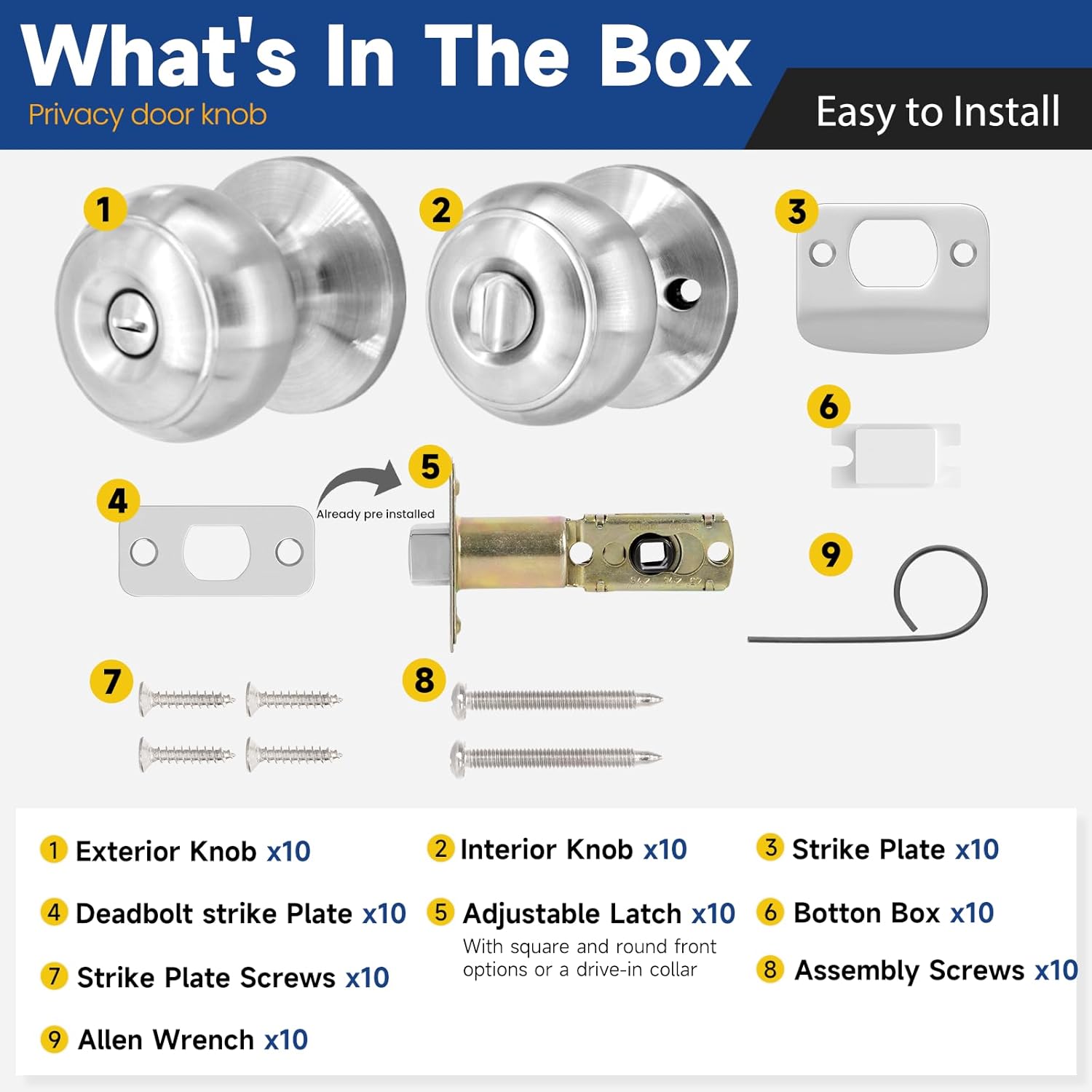 10 Pack Privacy Door Knob, Keyless Interior Door Knobs with Lock, Satin Nickel Door Knob for Bedroom & Bathroom
