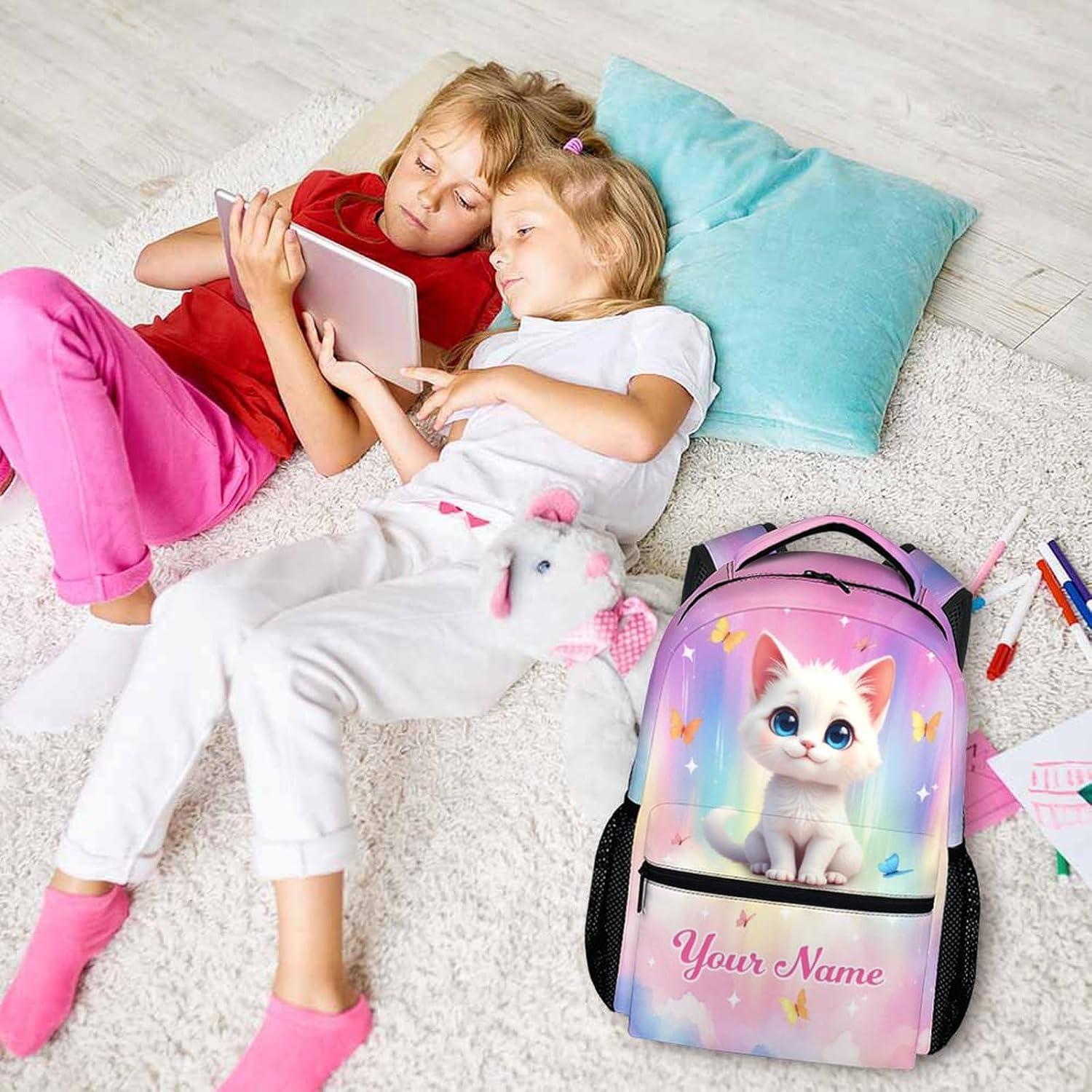 Personalized Cat Backpack for Kids - Custom Schoolbag for Girls - 17 Inch Lightweight Cat Bookbag for School Travel Camping - Large Capacity Backpack for Kindergarten Preschool Elementary