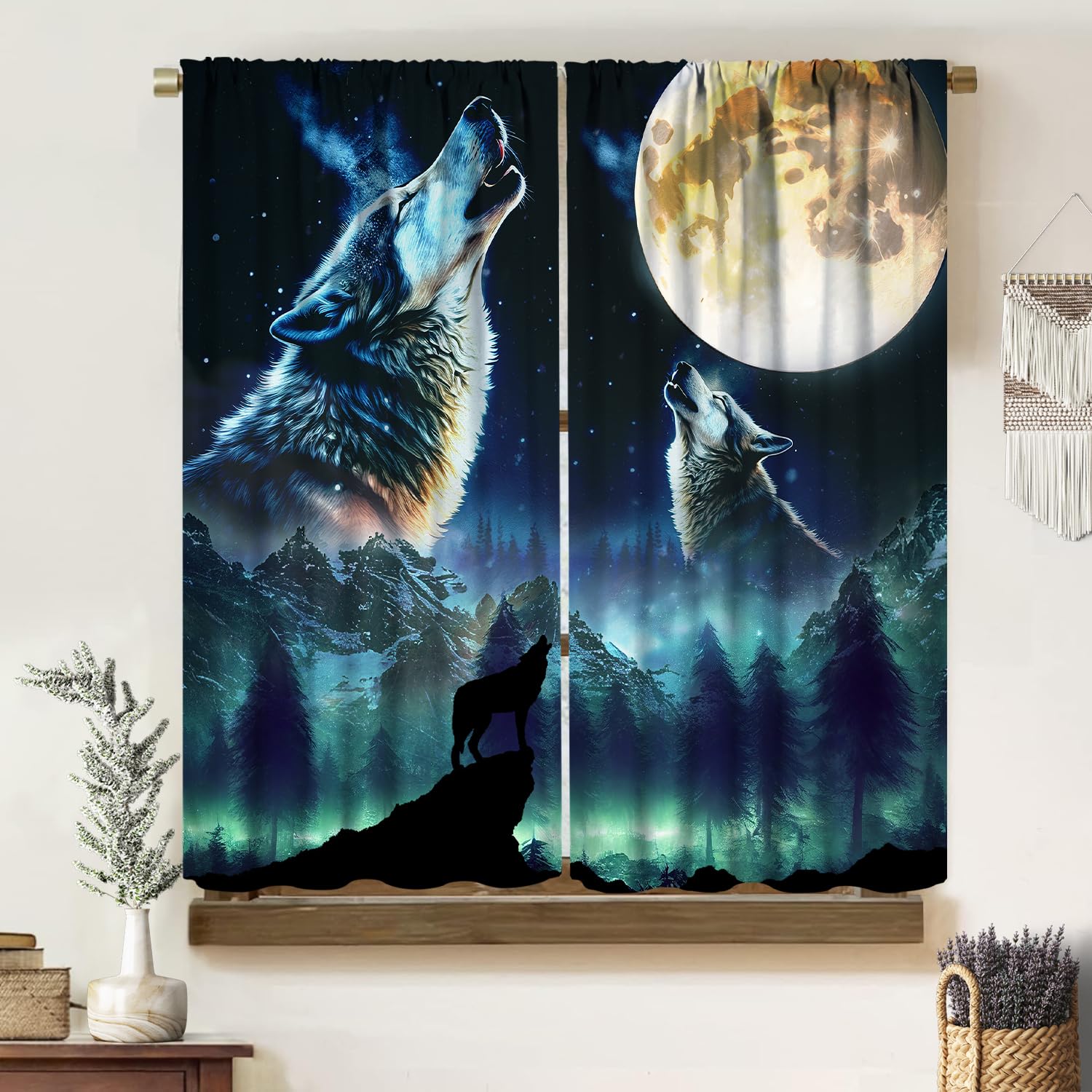 Fantasty Wolf Curtains, Wildlife Dreamy Magic Blue Green Fluorescence Forest and Starry Night Sky Glitter Moon Drapes, Blackout Rod Pocket Window Treatments for Living Room Bedroom Bathroom 42x45in