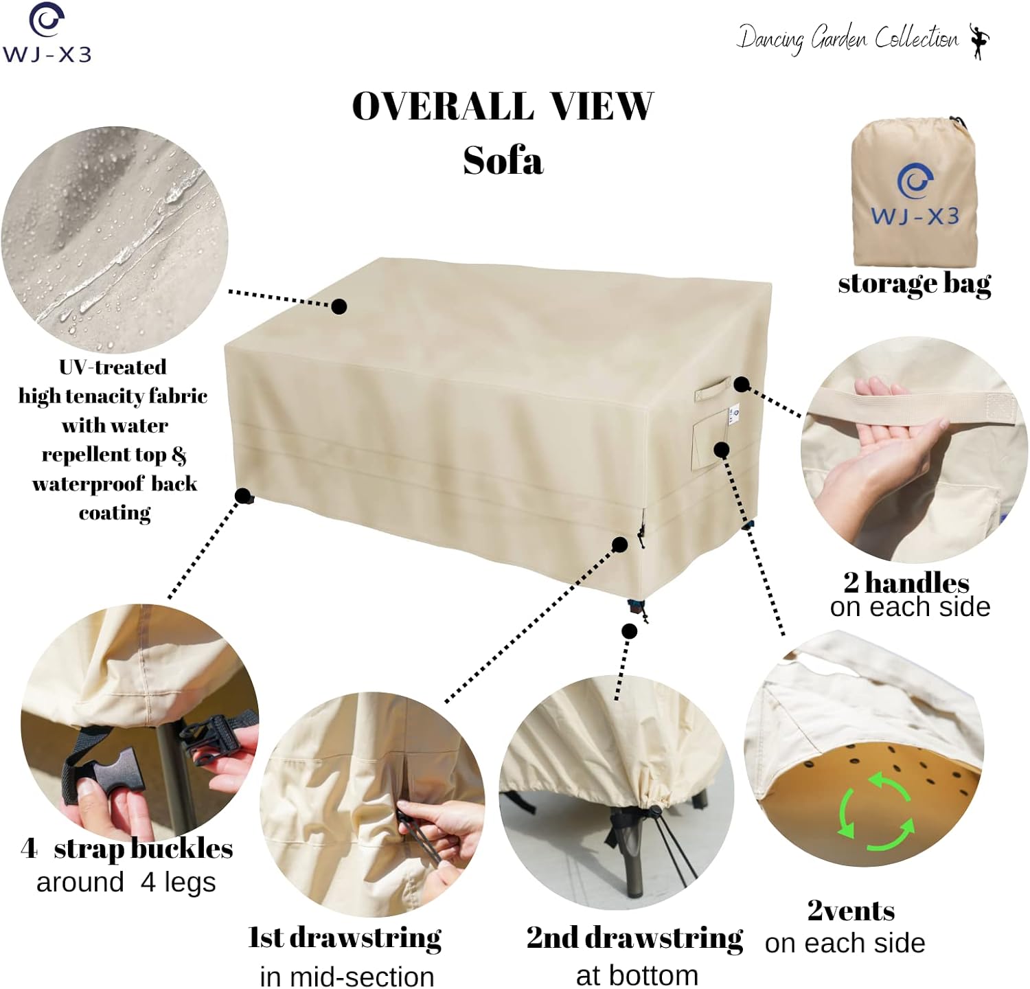 WJ-X3 3-Seater Outdoor Sofa Cover, Heavy Duty Patio Sofa Cover, Outdoor Couch Cover Waterproof, High Wind Resistant Design for Patio Couch Cover, 104W x 40D x 35H, Beige : Everything Else