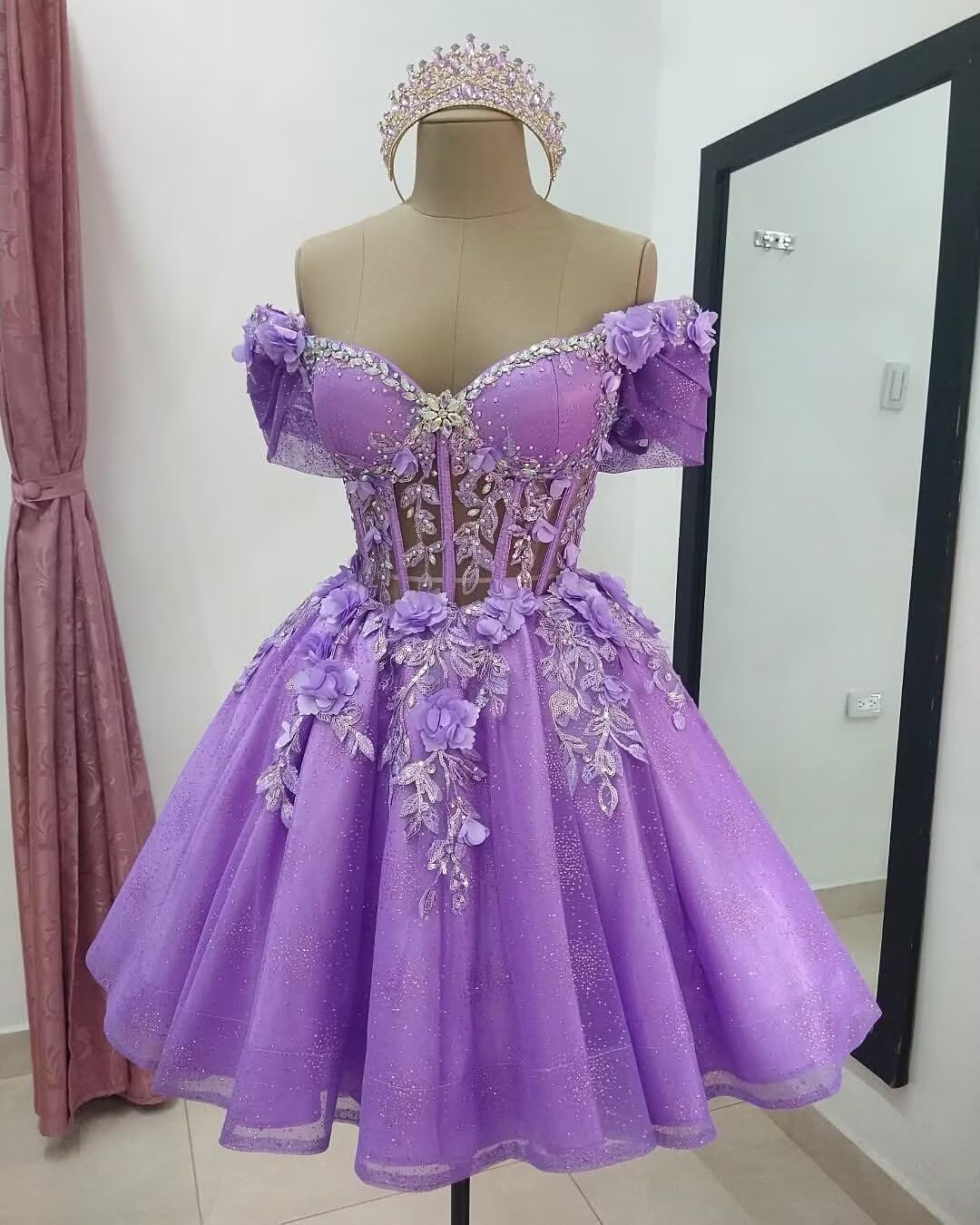 Zhangyo Sparkly Tulle Homecoming Dresses for Teens Off Shoulder DAMA Dresses for Quinceanera Puffy Lace Short Ball Gowns - Image 3