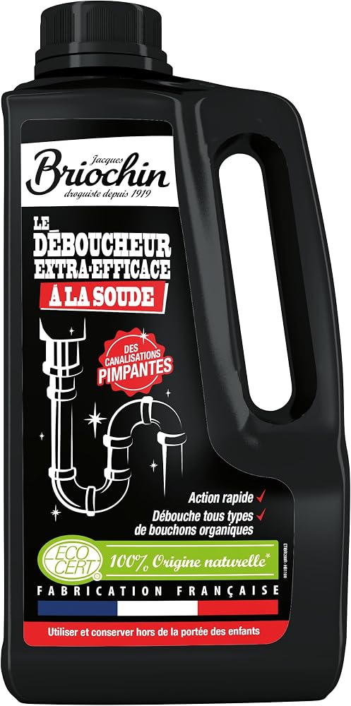 JACQUES BRIOCHIN - Déboucheur Extra Efficace à la Soude - Action Rapide - Débouche tous types de bouchons organiques - Traitement choc - 100% Naturel - Ecocert - Fabrication Française - 900ml