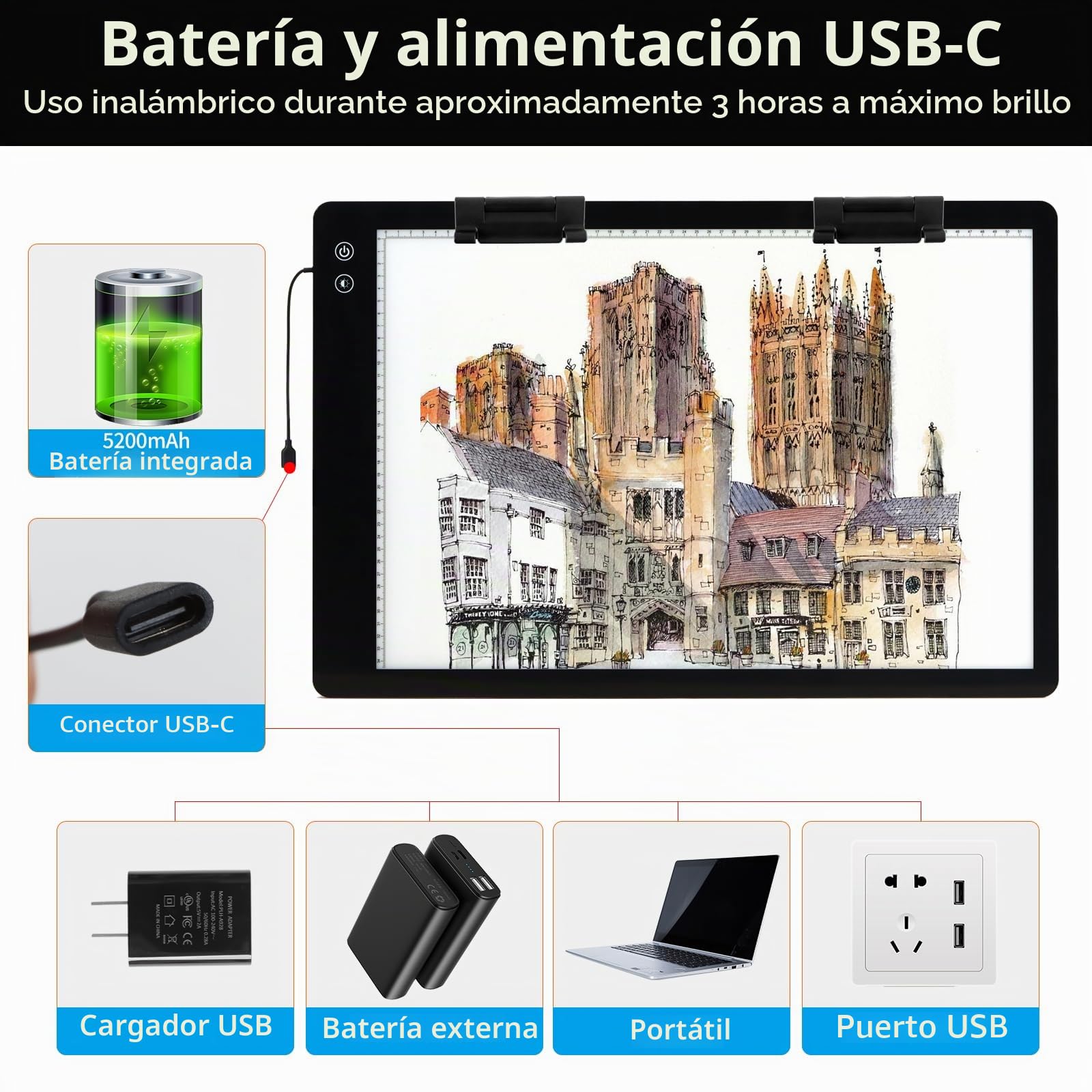 TOHETO A2 Mejorado Recargable Mesa de Luz Para Calcar, Tableta de Luz Dibujo LED Con Brillo Ajustable Para Bocetos, Diseño, 5D Diamante Pintura