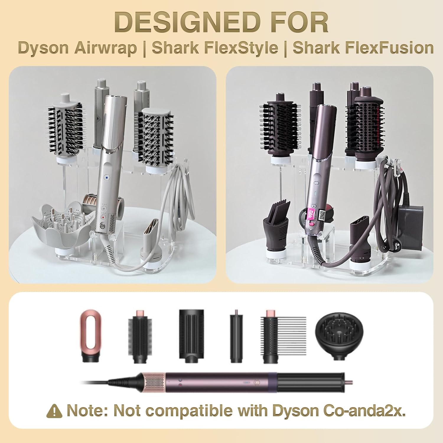 Acrylic Storage Holder for Dyson Airwrap Shark FlexFusion FlexStyle, Wall Mount Display Stand, Countertop Hair Tool Organizer for Vanity, Clear&White