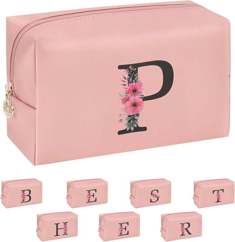 Necessaire de maquiagem onemoky com inicial e estampa floral, zíper, rosa, modelo Z1137