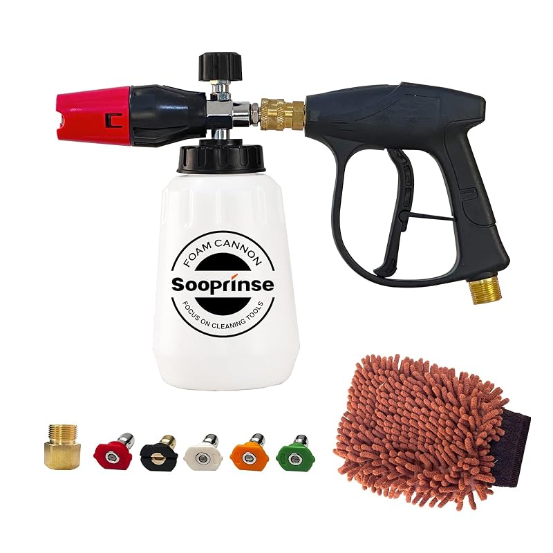 Kit de Canhão de Espuma Sooprinse com Pistola Curta para Lavadora de Alta Pressão, Lança de Espuma de 1 L com Conector Rápido de 6,35 mm (1/4 pol.), 5 Bicos, Preto e Vermelho