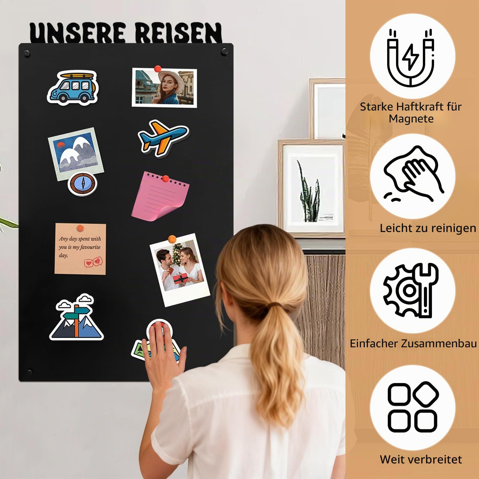 Magnettafel Schwarz 80×50 cm – Magnetwand/Pinnwand magnetisch für Küche, Büro & Kinderzimmer – Memoboard für Fotos, Notizen & Magnete ("UNSERE REISEN")