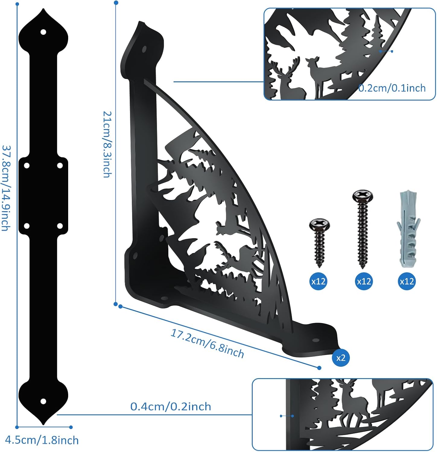 SUPERDANT 2 Pack Forest Deer Shelves Brackets Heavy Duty Decorative Shelf Bracket Black Iron Wall Shelf Brackets for Home Kitchen Bookshelf Fireplace Sturdy Corbels Metal Corner Brace 8.3x6.8in