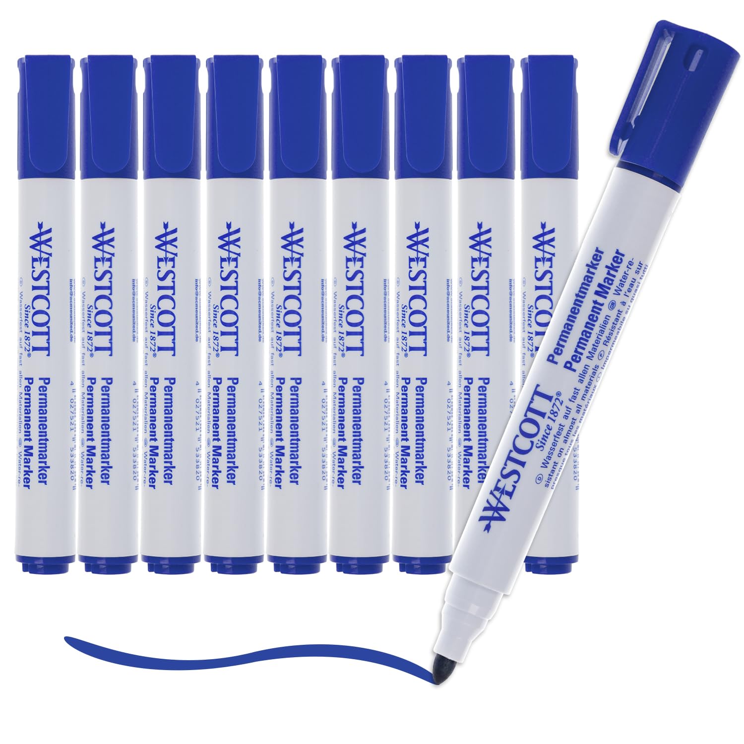 Westcott Permanent Markers, Pack of 10, Blue, Waterproof Markers, 1.5-3 mm Bullet Tip, Refillable, Lightfast, Quick Drying, E-713007 00
